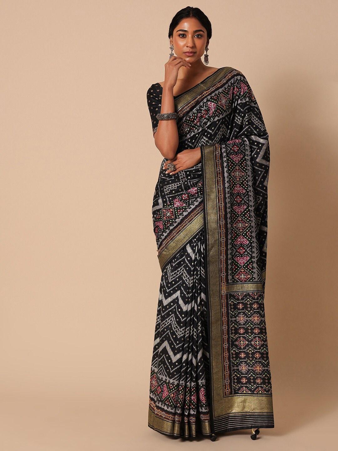 kalki fashion black silk blend patola saree