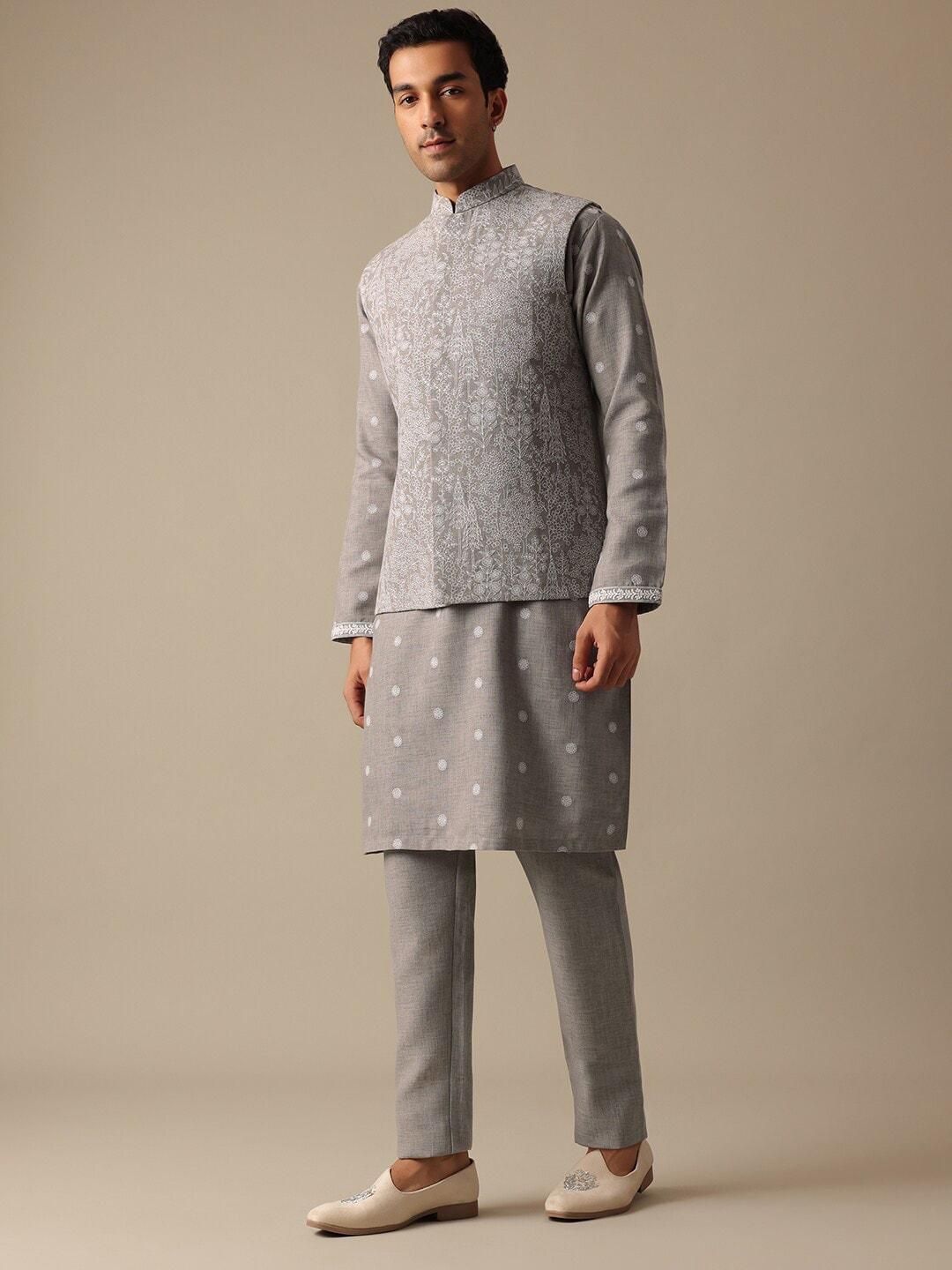 kalki fashion floral embroidered regular linen kurta with trousers & jacket