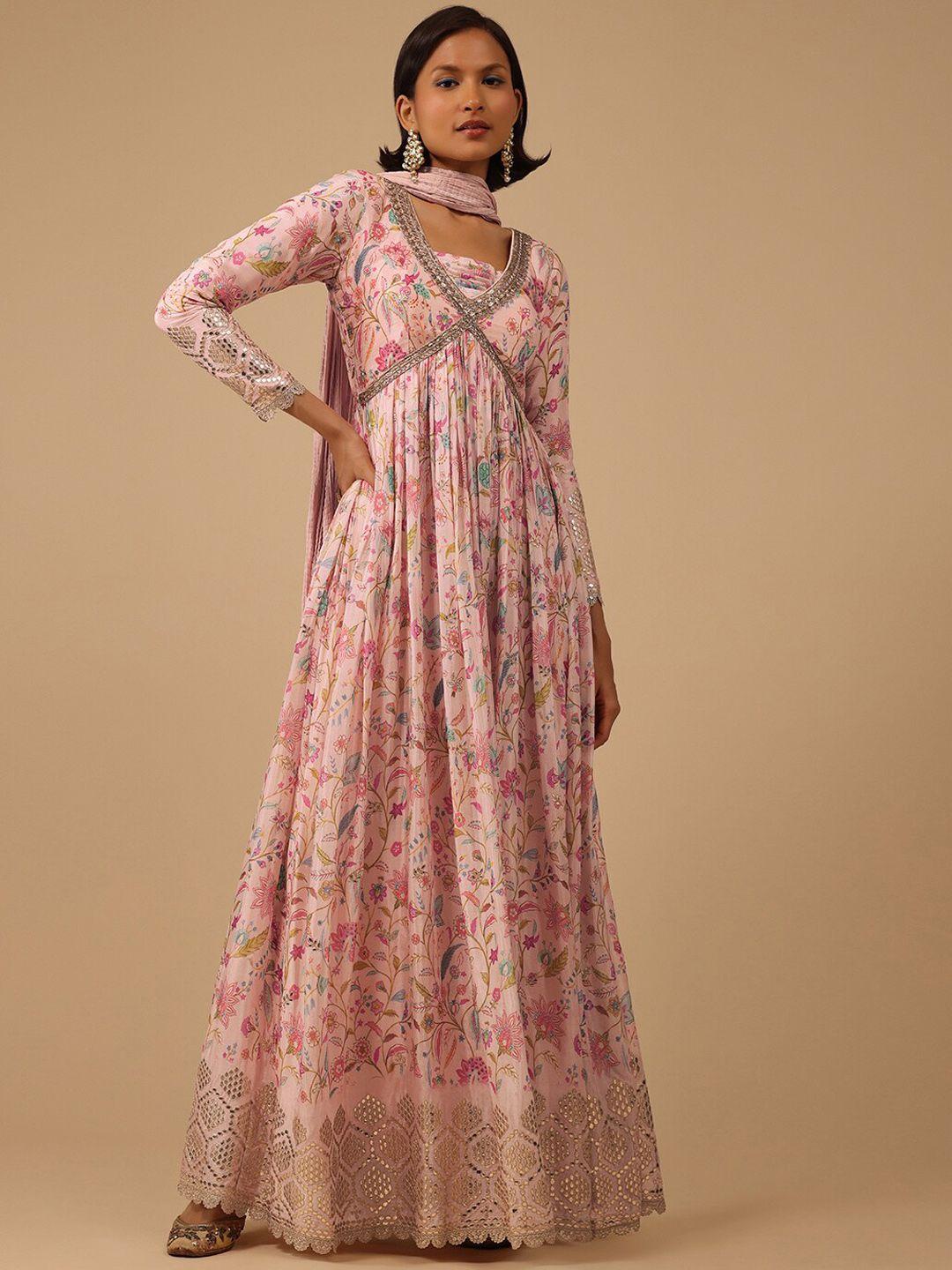 kalki fashion floral printed embellished fit & flare maxi ethnic dress with dupatta