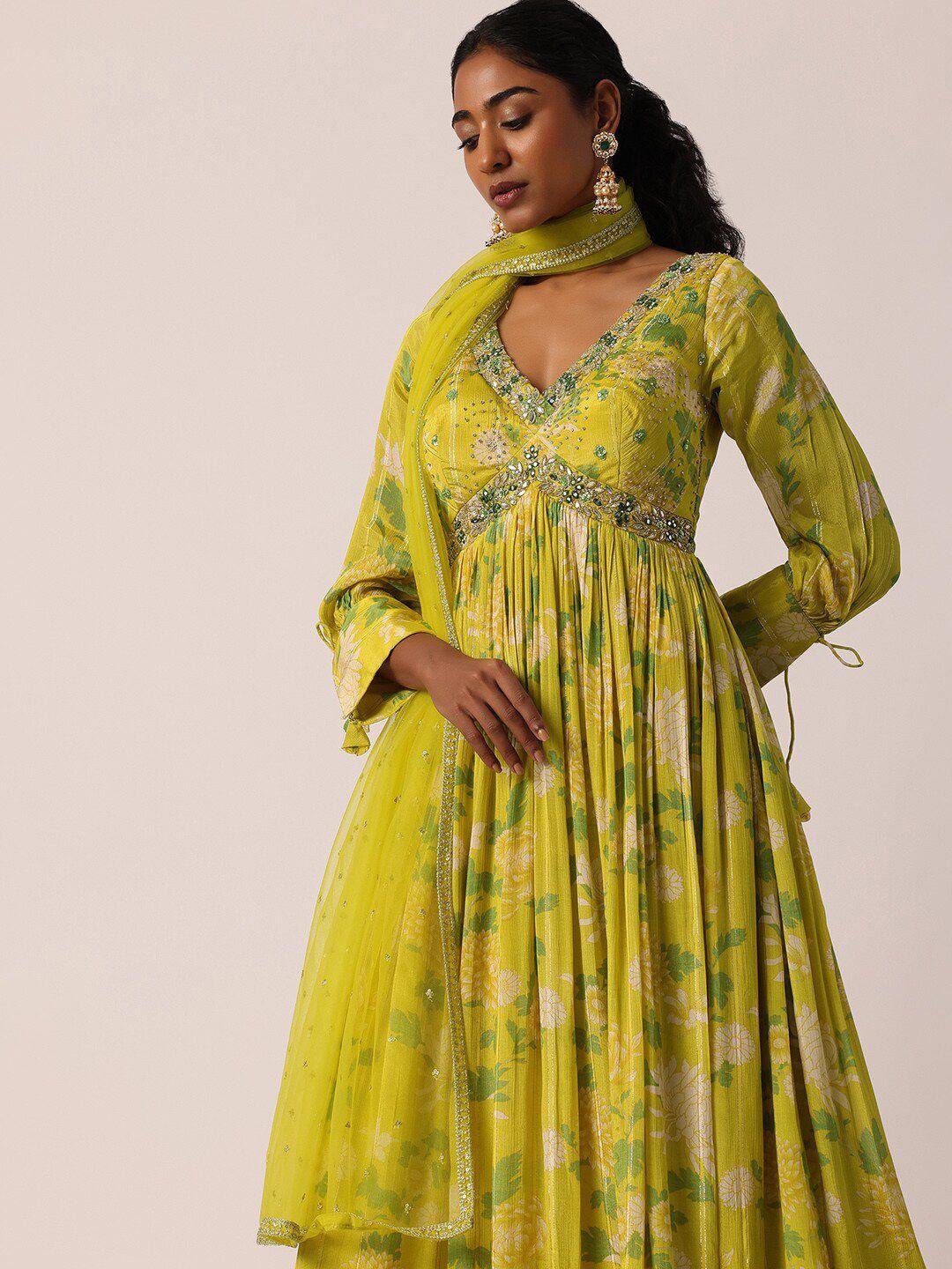 kalki fashion floral printed v-neck embellished detail maxi ethnic dress with dupatta