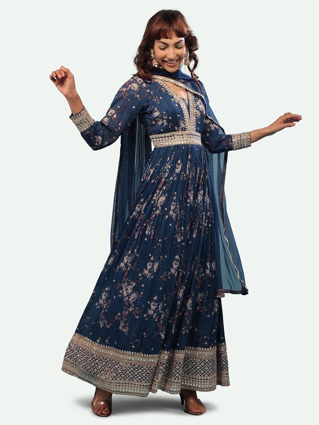 kalki fashion floral printed v-neck empire thread work ethnic dresses