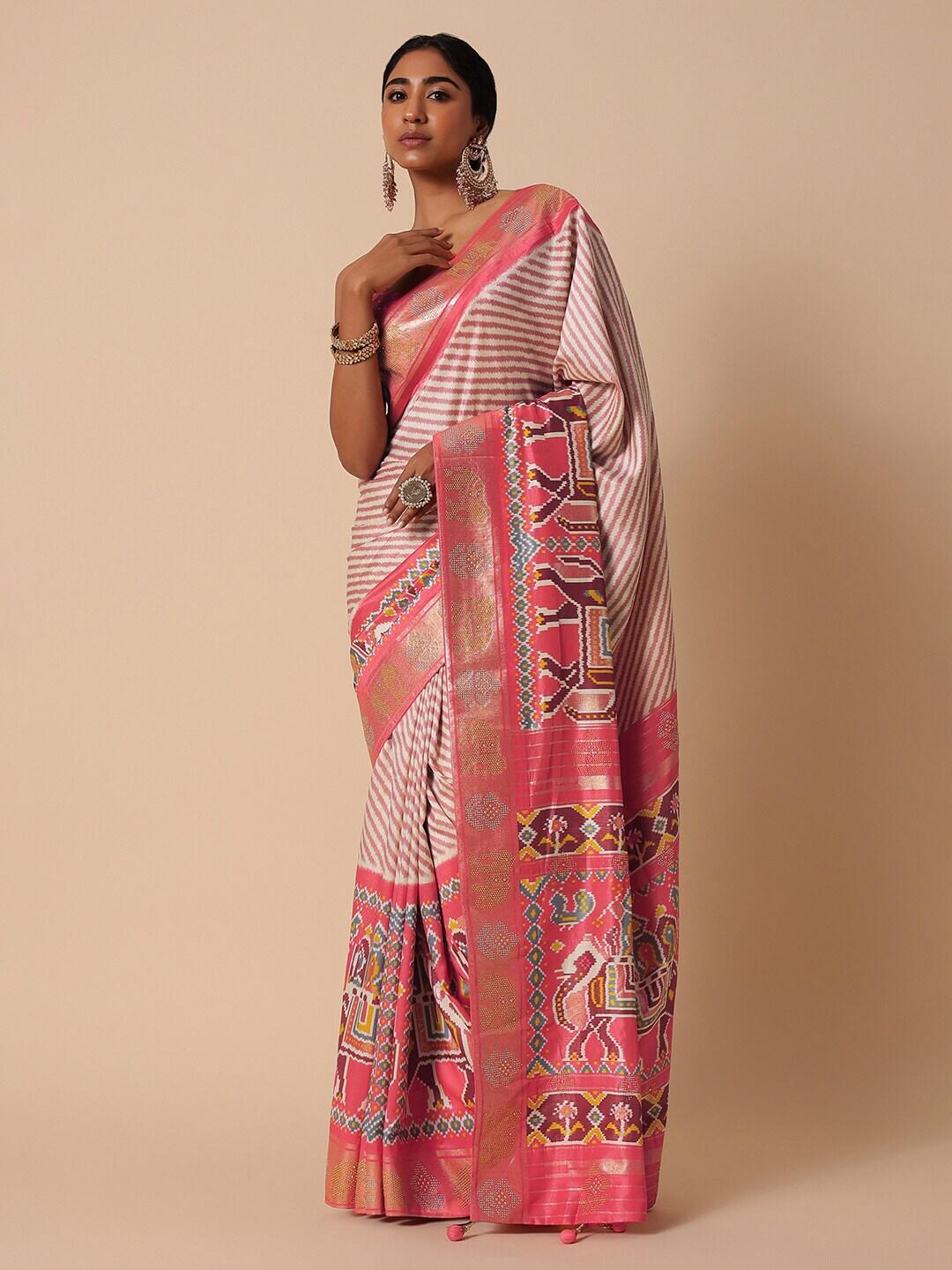 kalki fashion peach-coloured silk blend patola saree