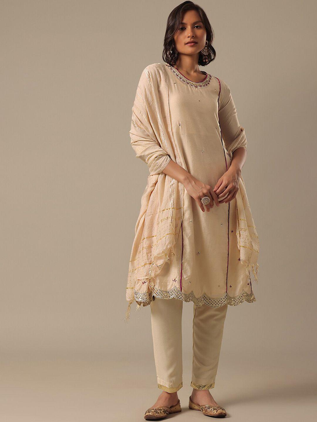kalki fashion women ethnic motifs embroidered regular chanderi cotton kurta with trousers & with dupatta