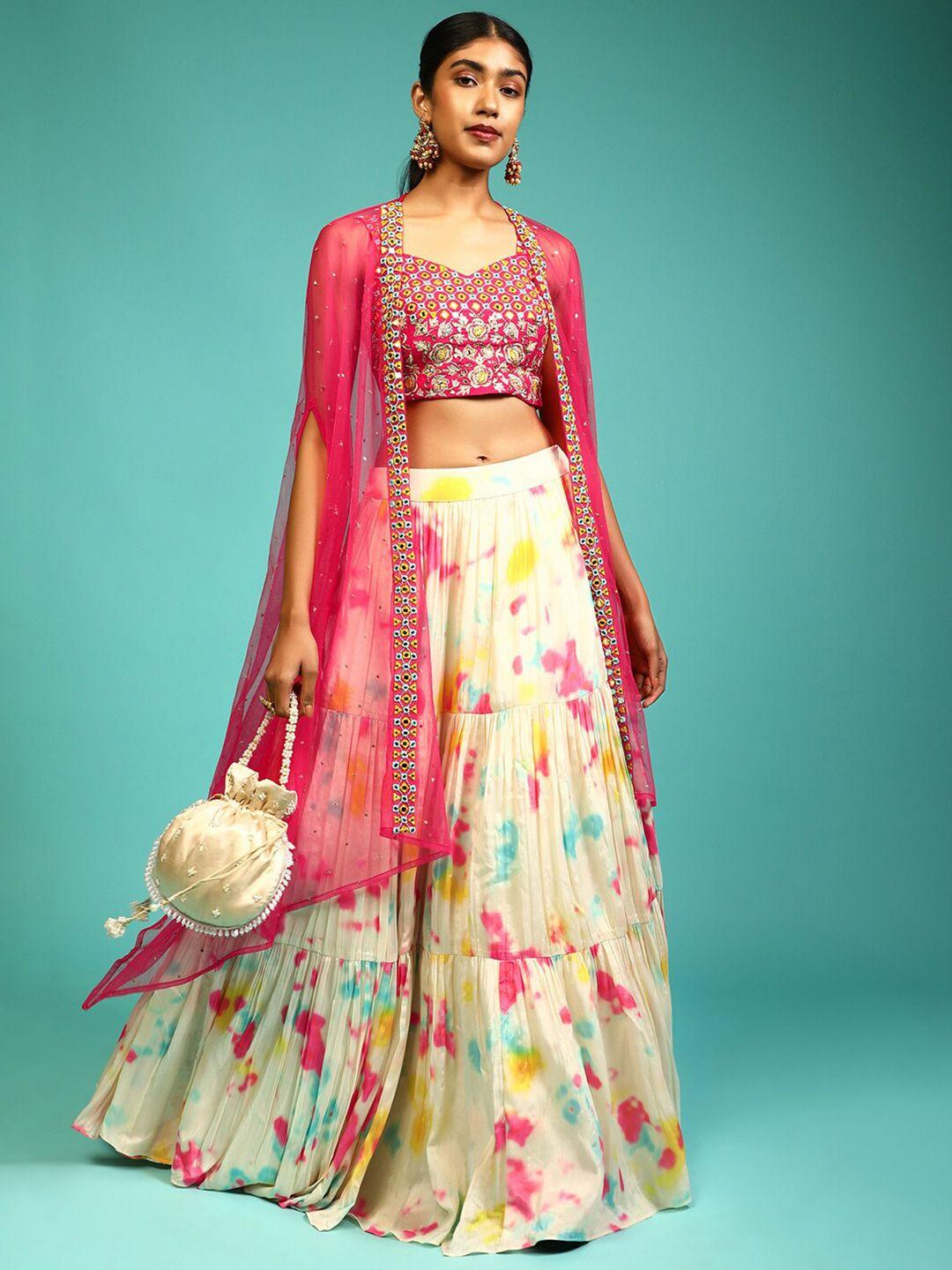 kalki fashion beige & pink embroidered mirror work ready to wear lehenga & blouse with dupatta