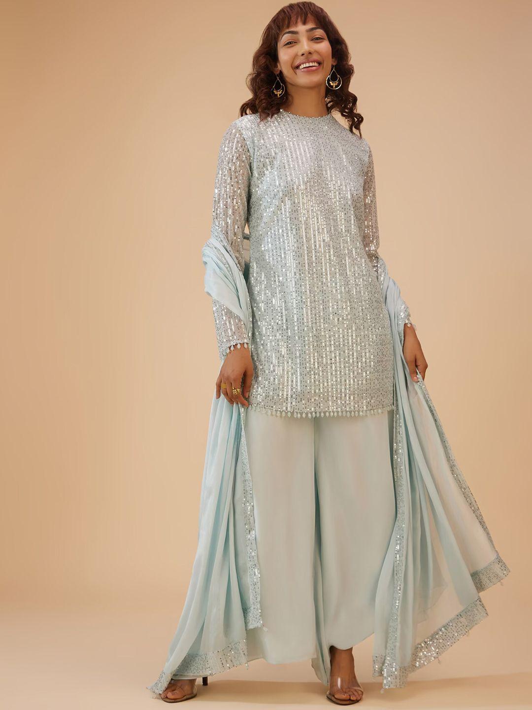 kalki fashion embellished straight sequinned kurti & palazzos with dupatta