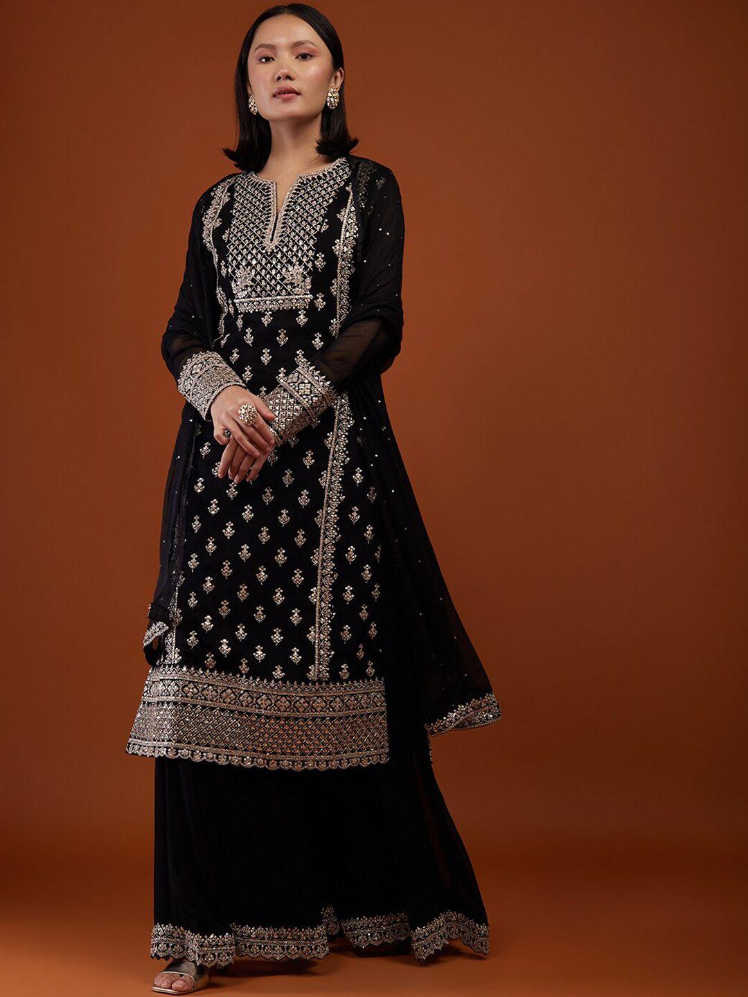 kalki fashion ethic motifs embroidered sequinned georgette kurta with palazzos & dupatta
