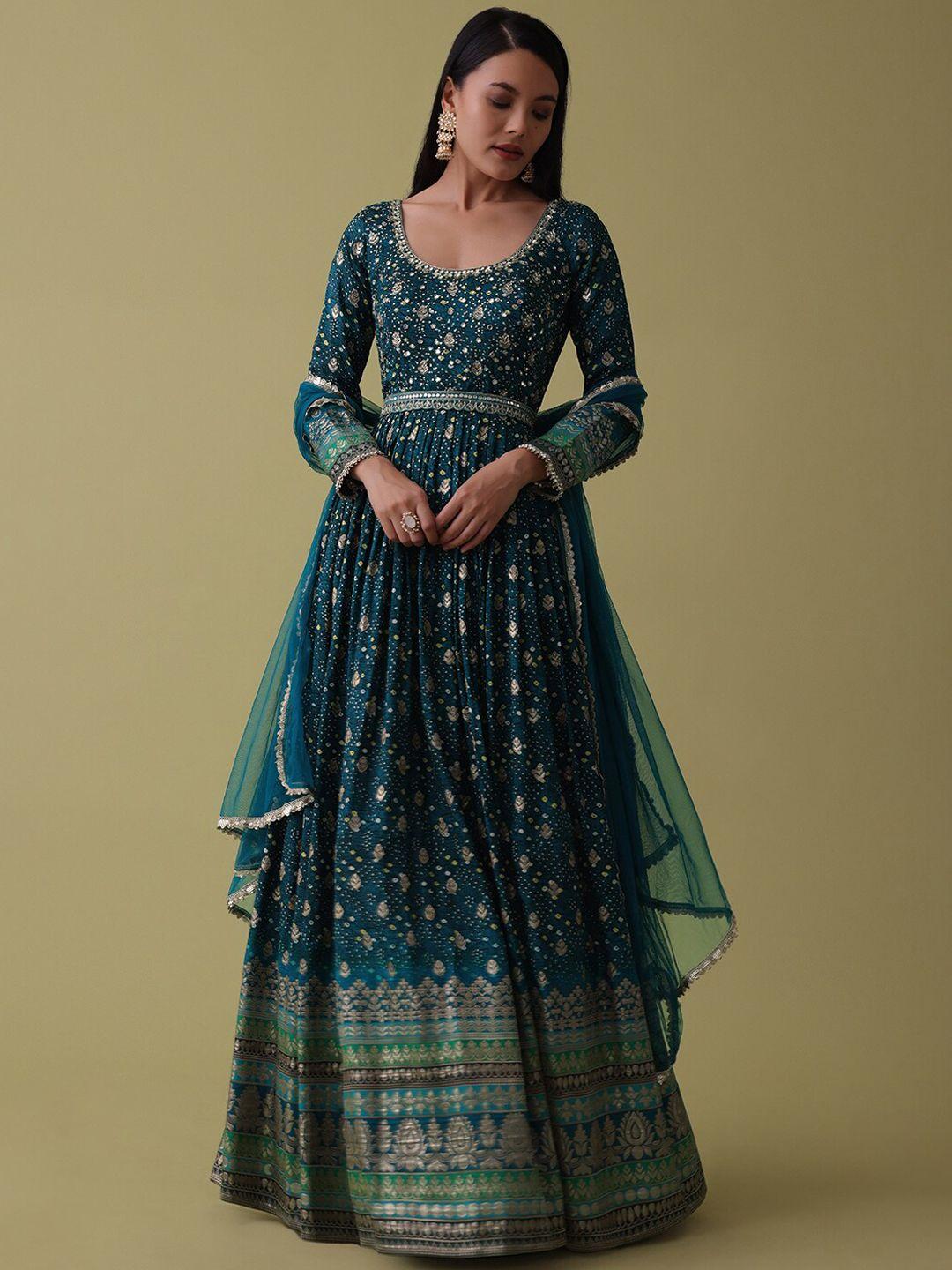 kalki fashion ethnic motif printed embellished maxi ethnic dress with dupatta