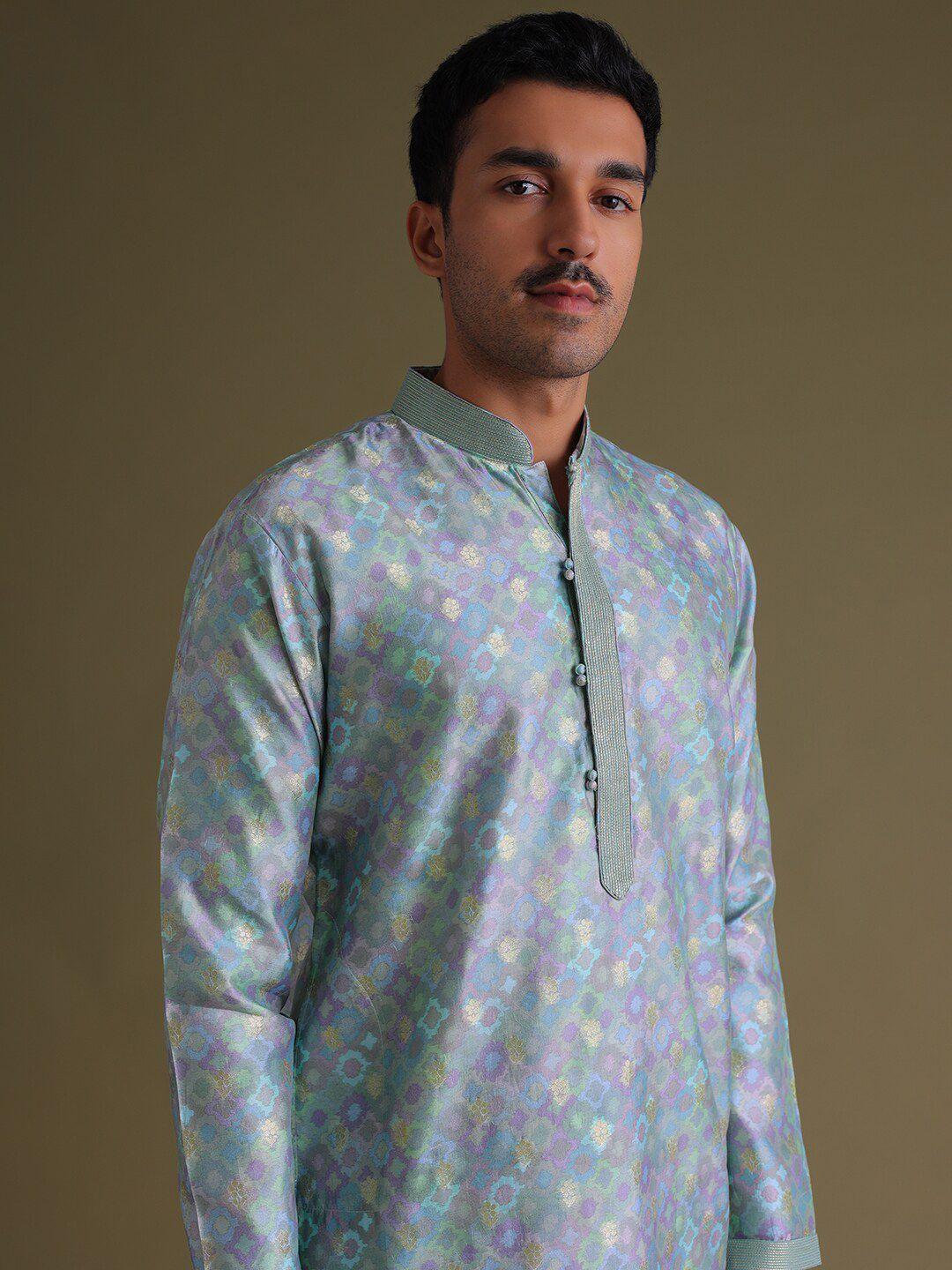 kalki fashion ethnic motif printed mandarin collar kurta with churidar