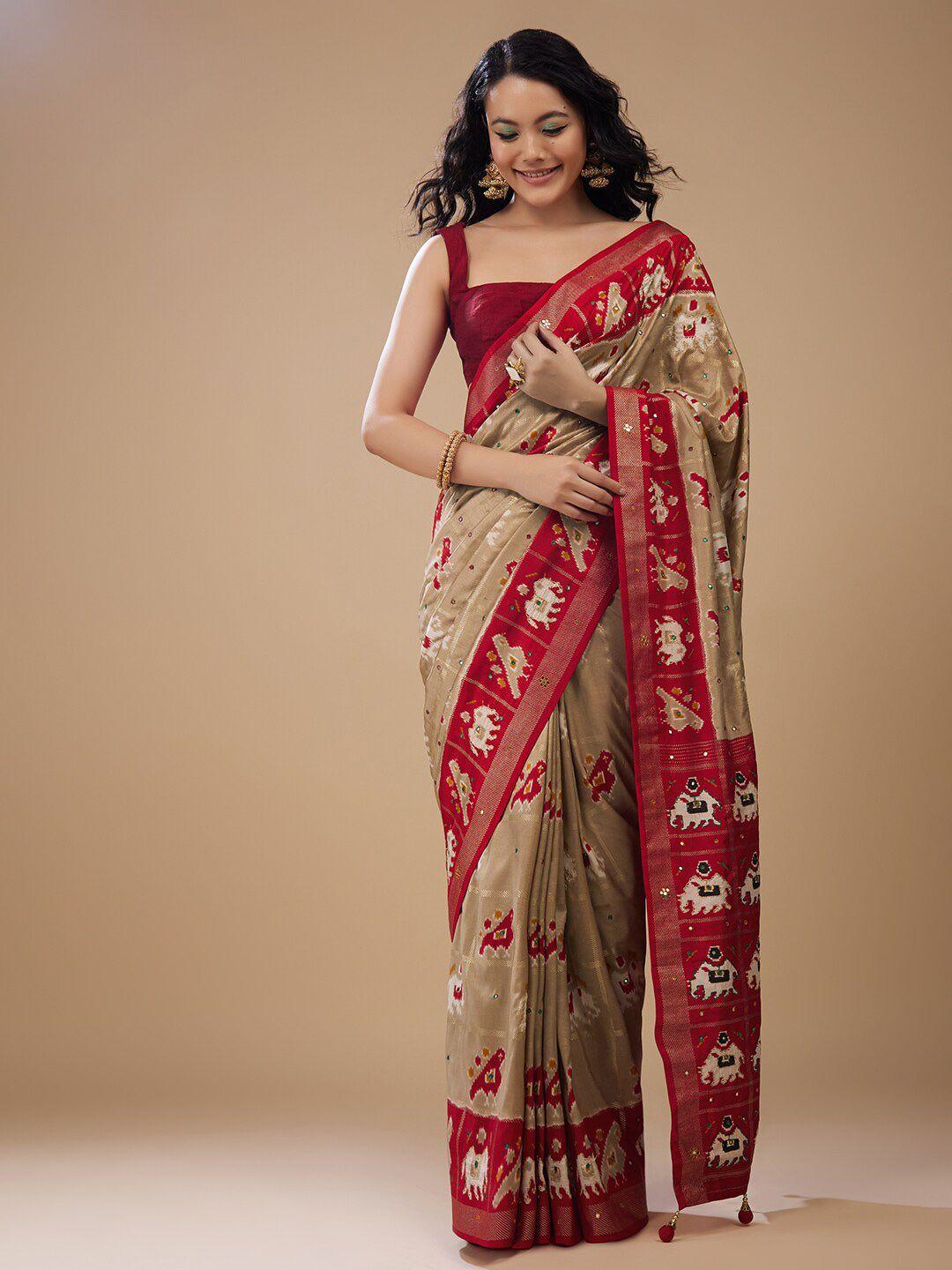 kalki fashion ethnic motif printed mirror worked satin saree