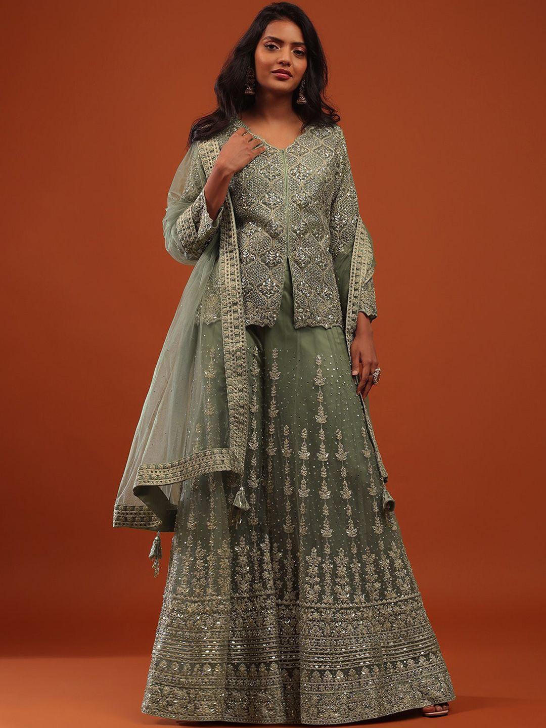 kalki fashion ethnic motifs embroidered regular sequinned net kurti & sharara with dupatta