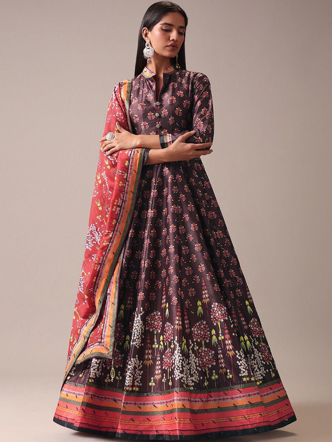kalki fashion ethnic motifs printed belted tussar silk maxi dress with dupatta