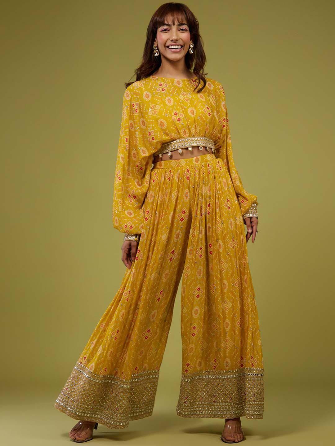 kalki fashion ethnic motifs printed crop top and palazzo ethnic co-ords