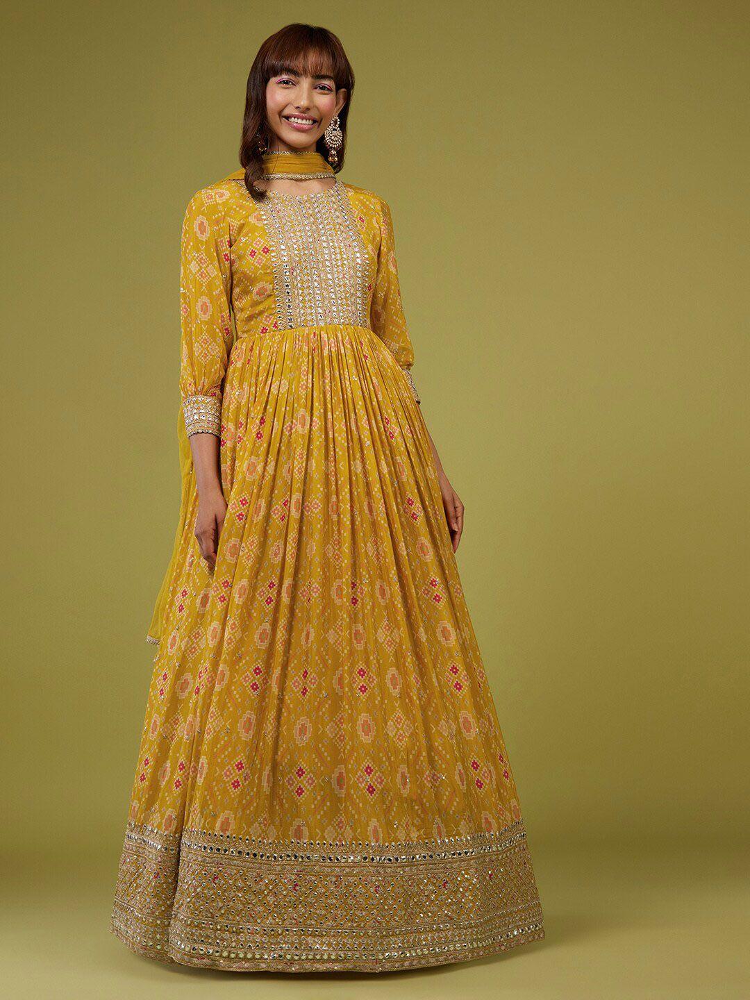 kalki fashion ethnic motifs printed fit & flare ethnic dress with dupatta