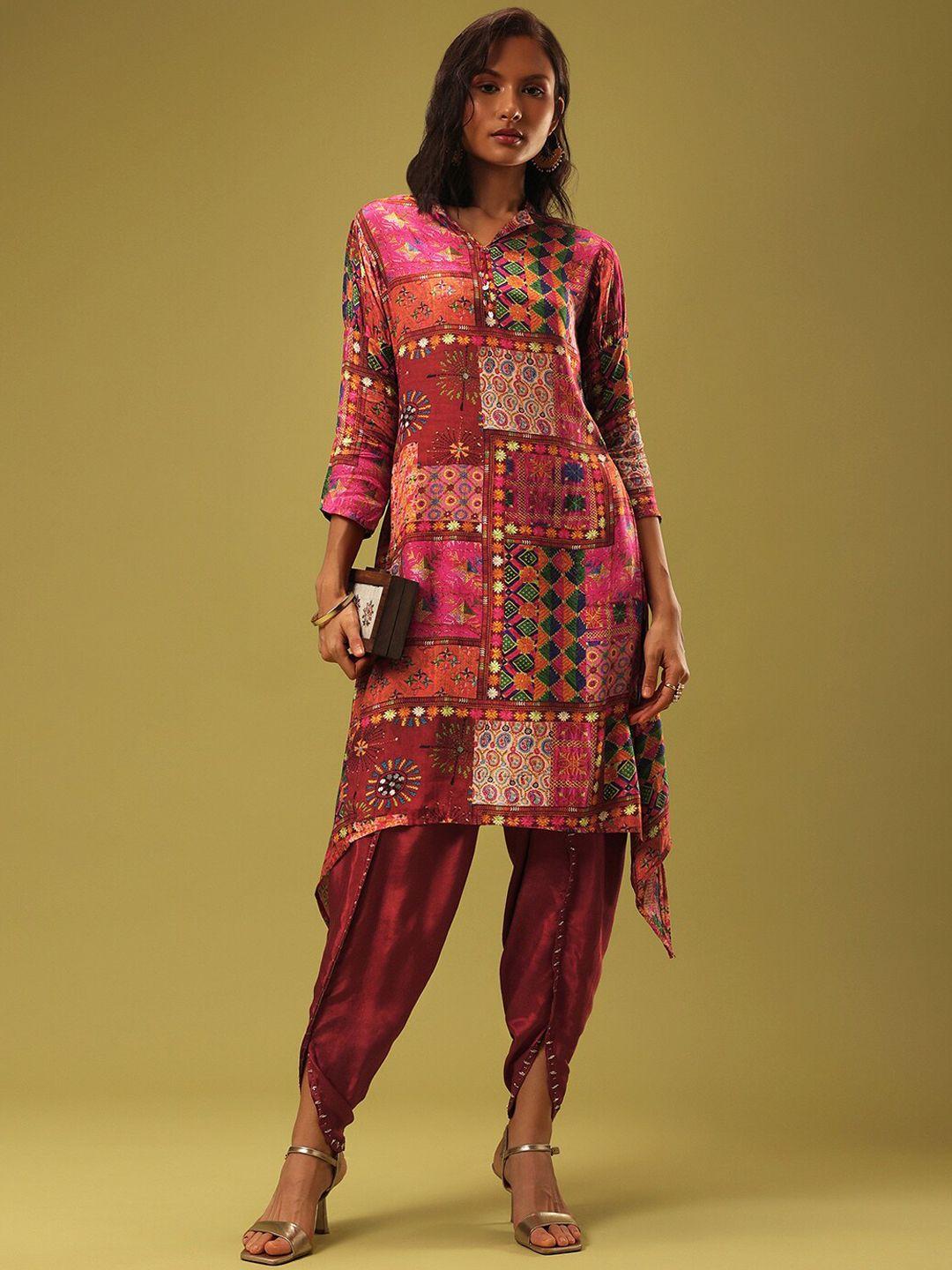 kalki fashion ethnic motifs printed satin a line kurti with dhoti pants