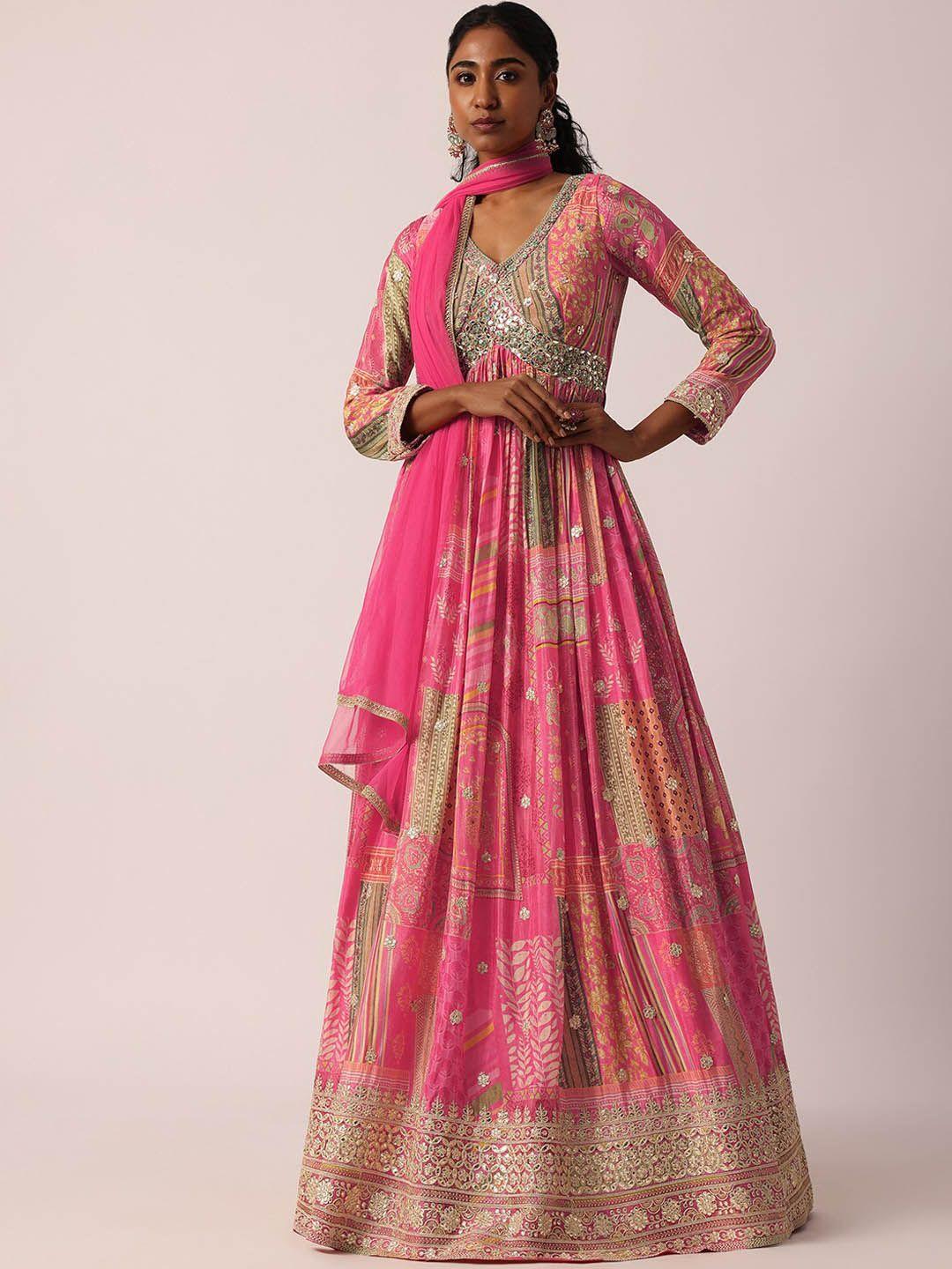 kalki fashion ethnic motifs printed v-neck embroidered maxi ethnic dress with dupatta