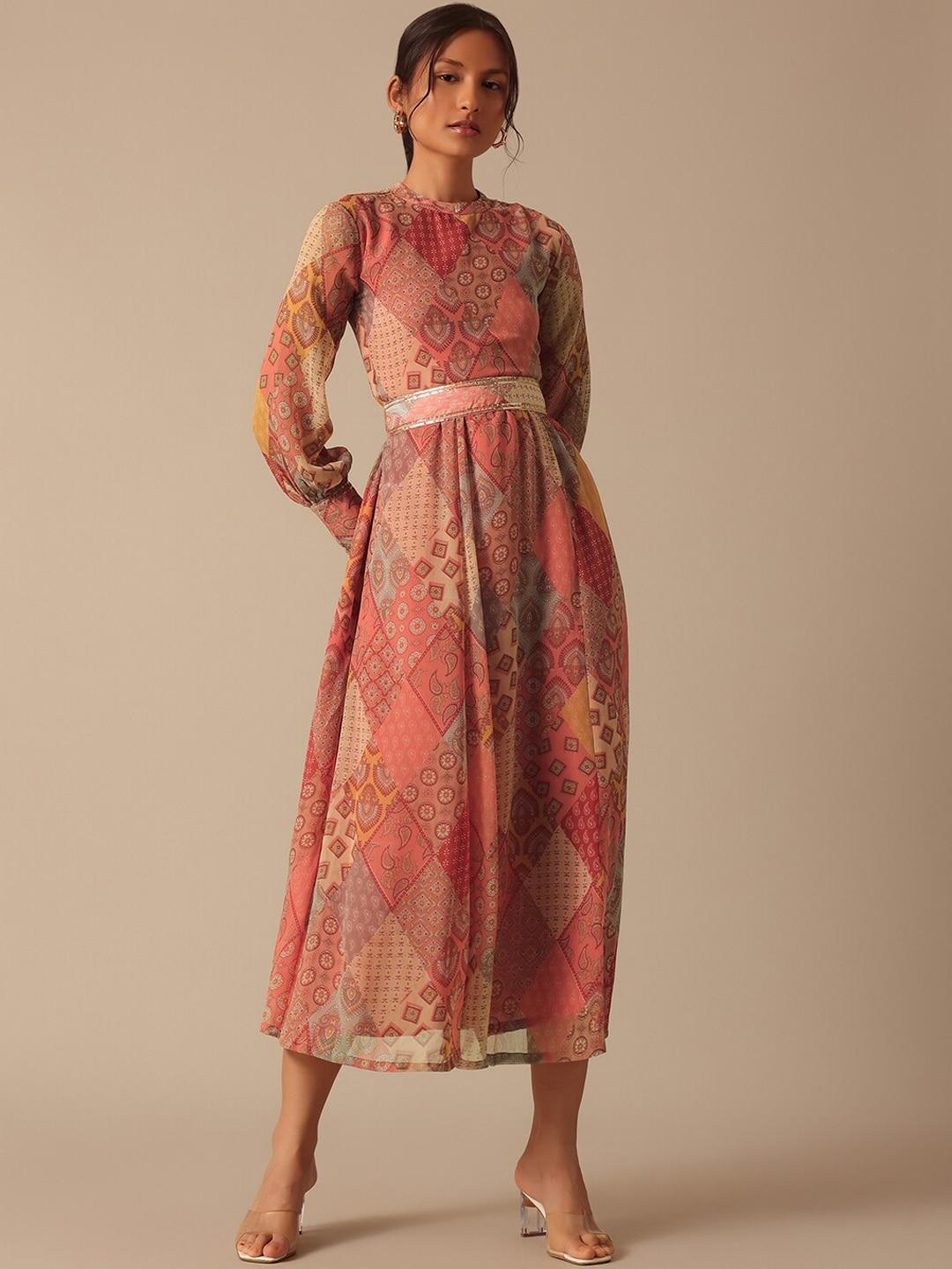 kalki fashion ethnic printed chiffon fit and flare midi ethnic dress with embellished belt