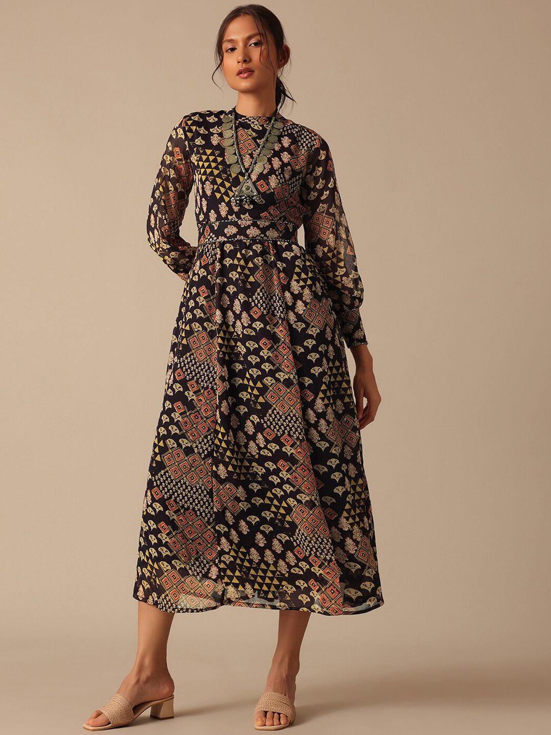 kalki fashion ethnic printed puff sleeves chiffon fit & flare midi ethnic dress with belt