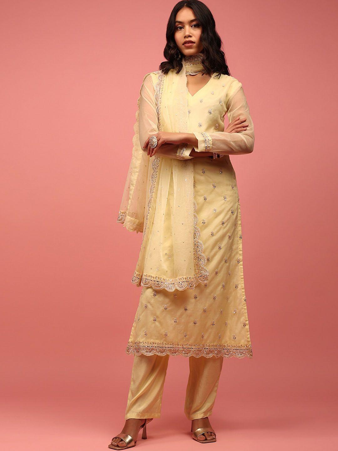 kalki fashion floral embroidered beads and stones organza kurta & trousers with dupatta
