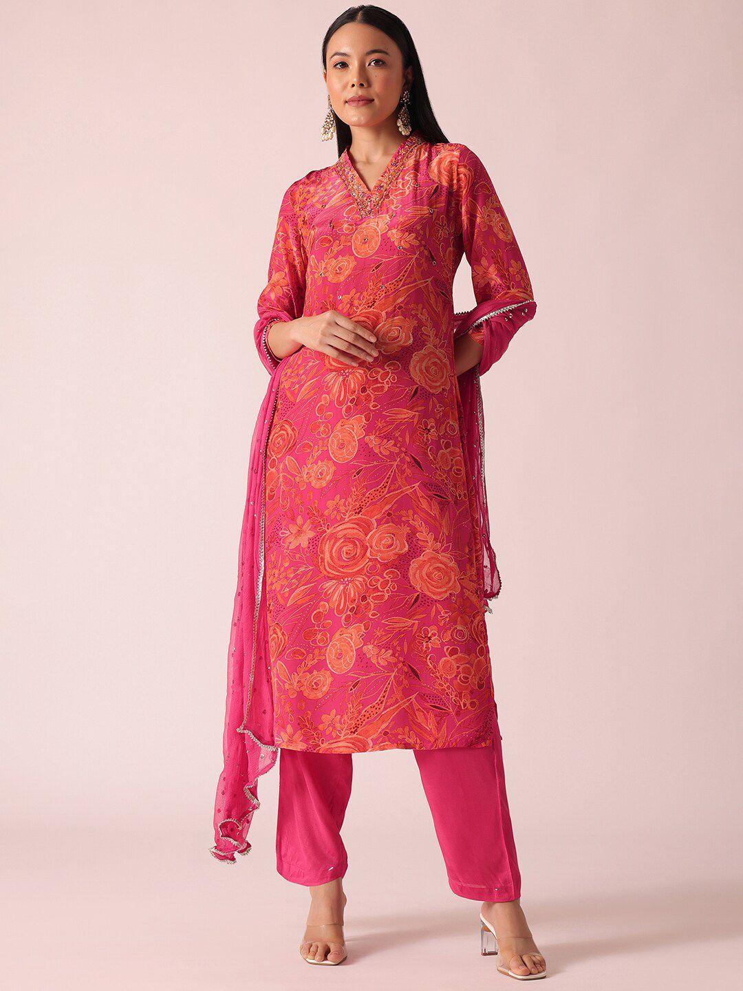 kalki fashion floral embroidered kurta & trousers with dupatta