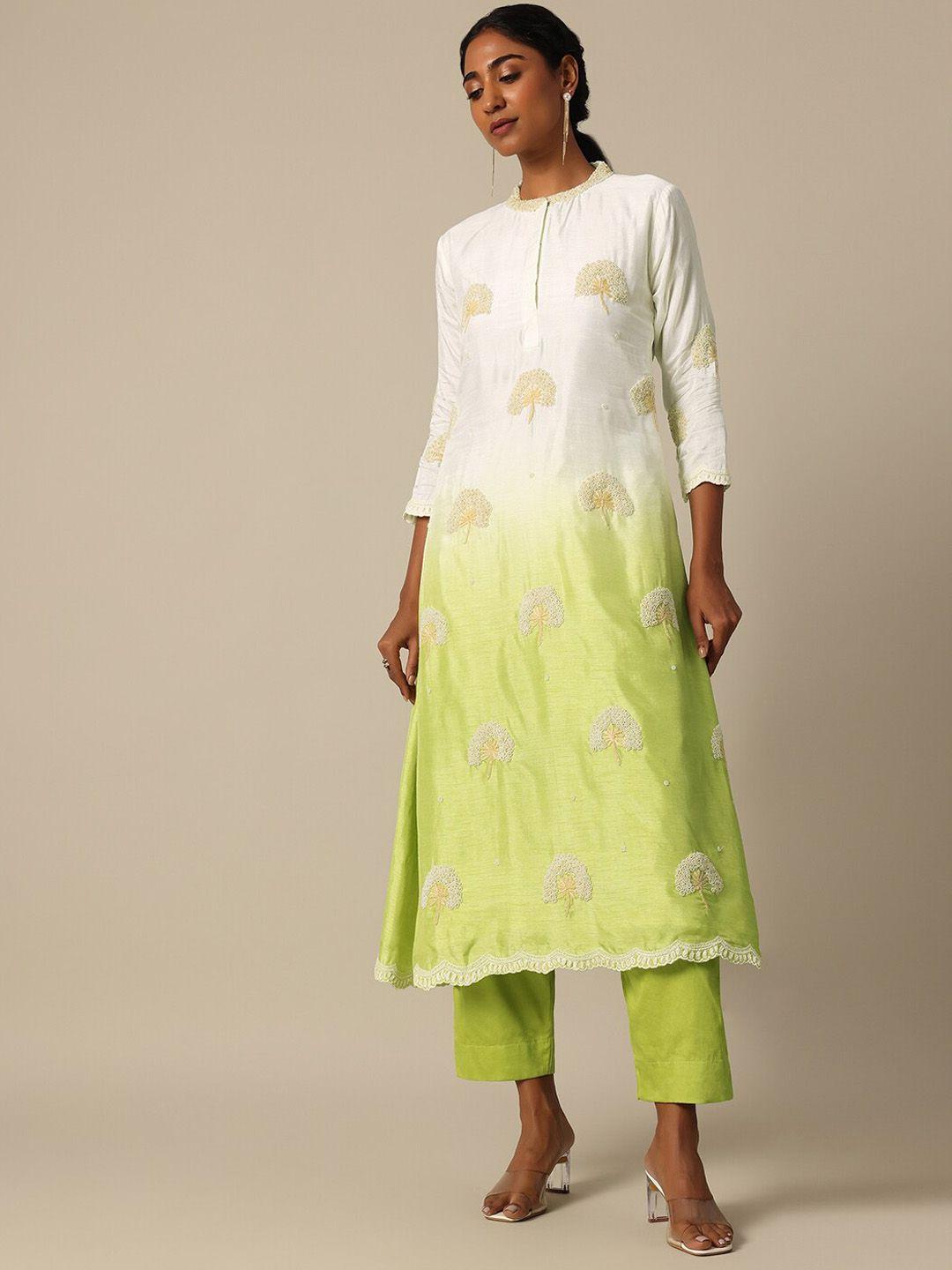 kalki fashion floral embroidered mandarin collar beads & stones a-line kurta & trouser