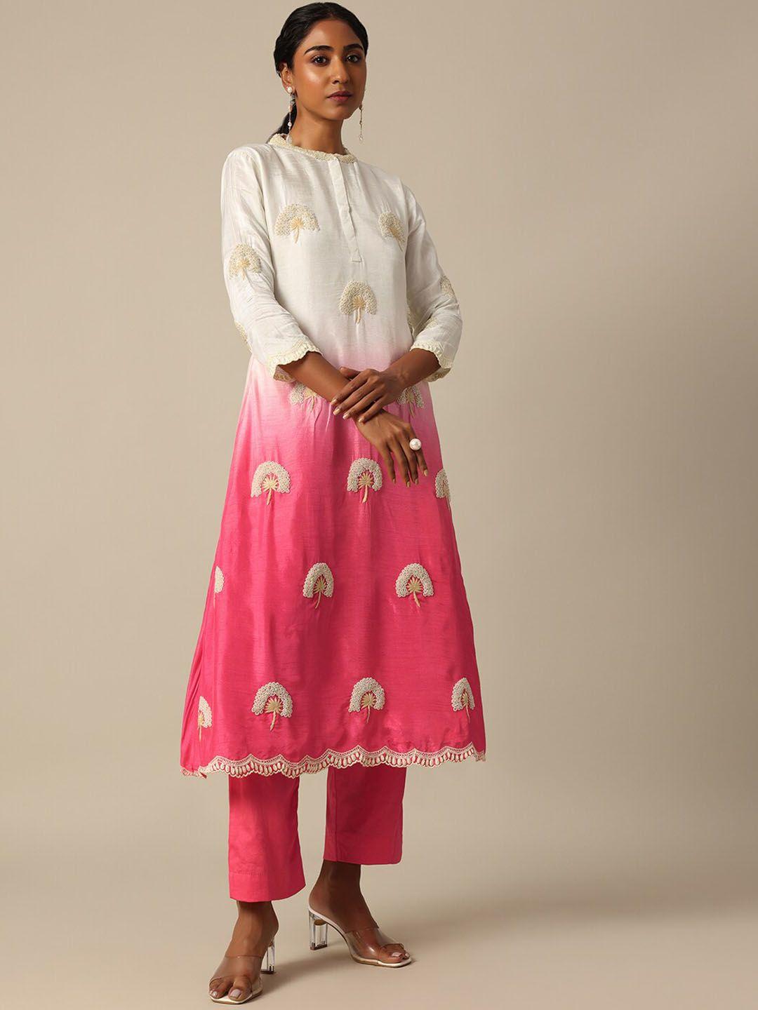 kalki fashion floral embroidered mandarin collar beads & stones a-line kurta & trouser