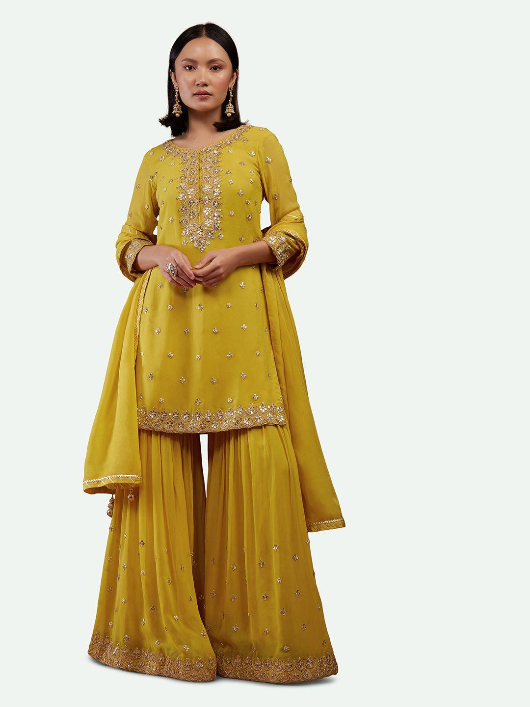 kalki fashion floral embroidered regular beds & stones kurti with sharara & with dupatta