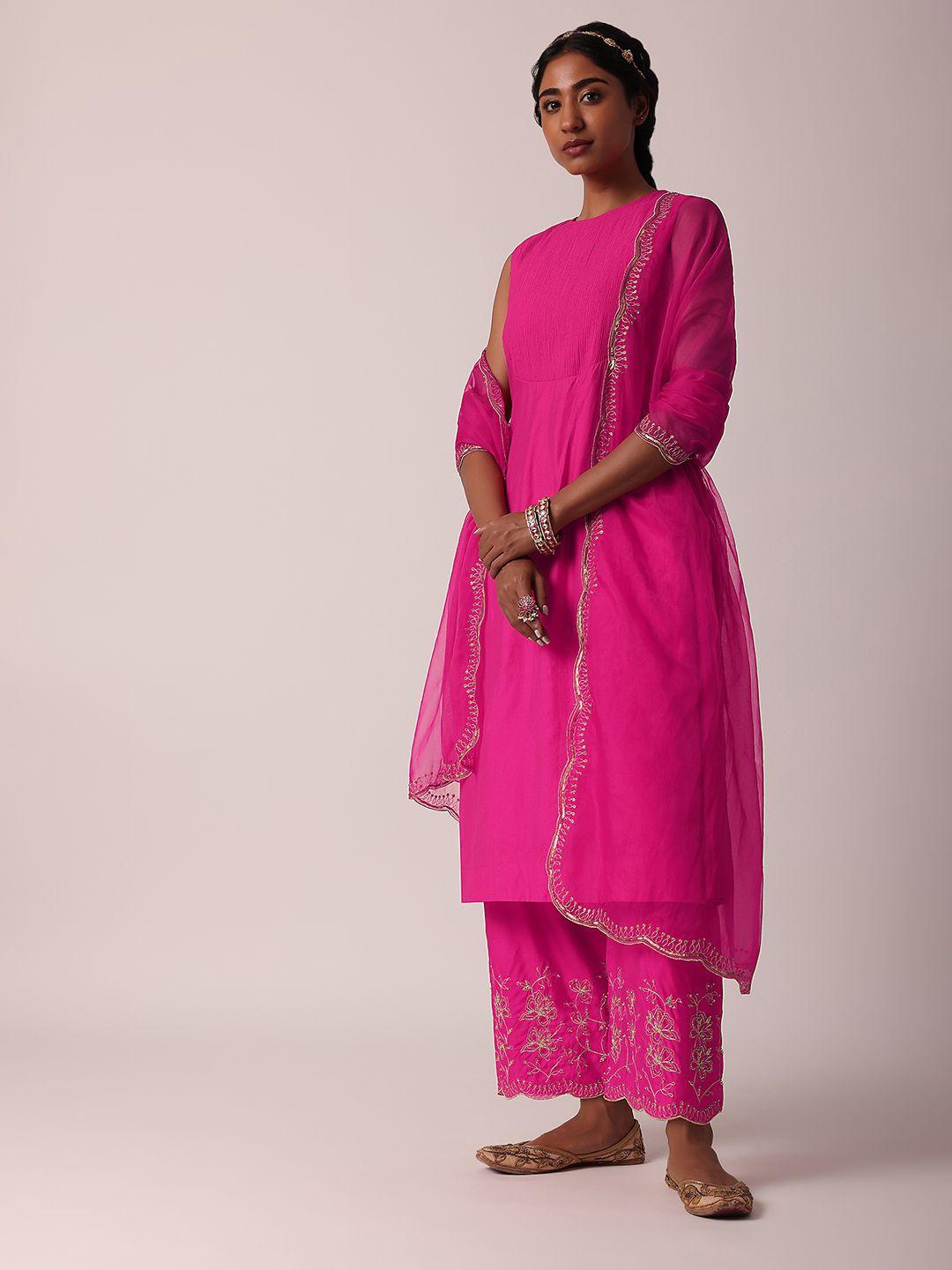 kalki fashion floral embroidered straight kurta & palazzos with dupatta