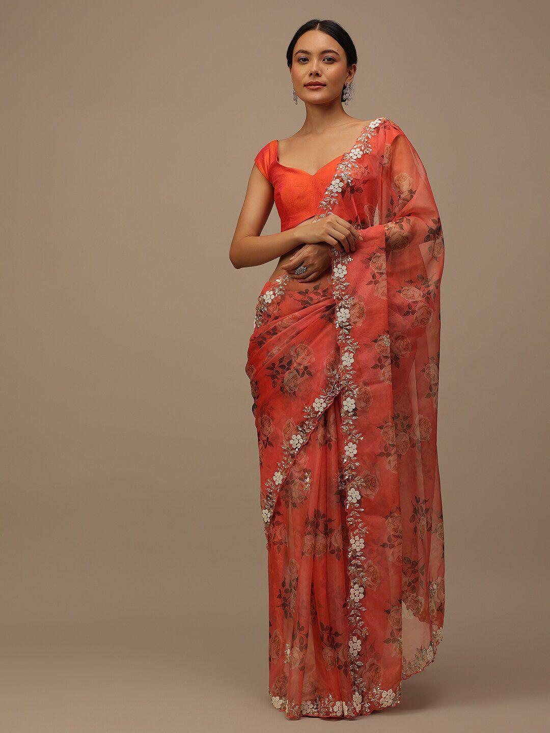 kalki fashion floral printed beads and stones border organza saree