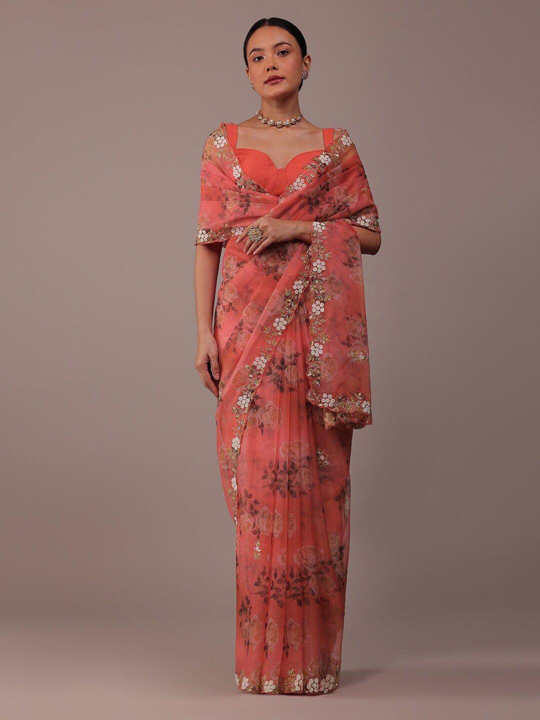 kalki fashion floral printed beads and stones organza saree