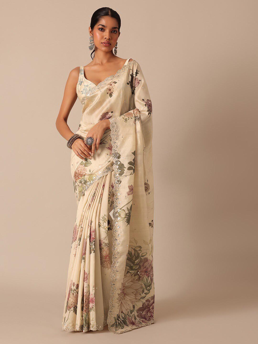 kalki fashion floral printed mirror work saree