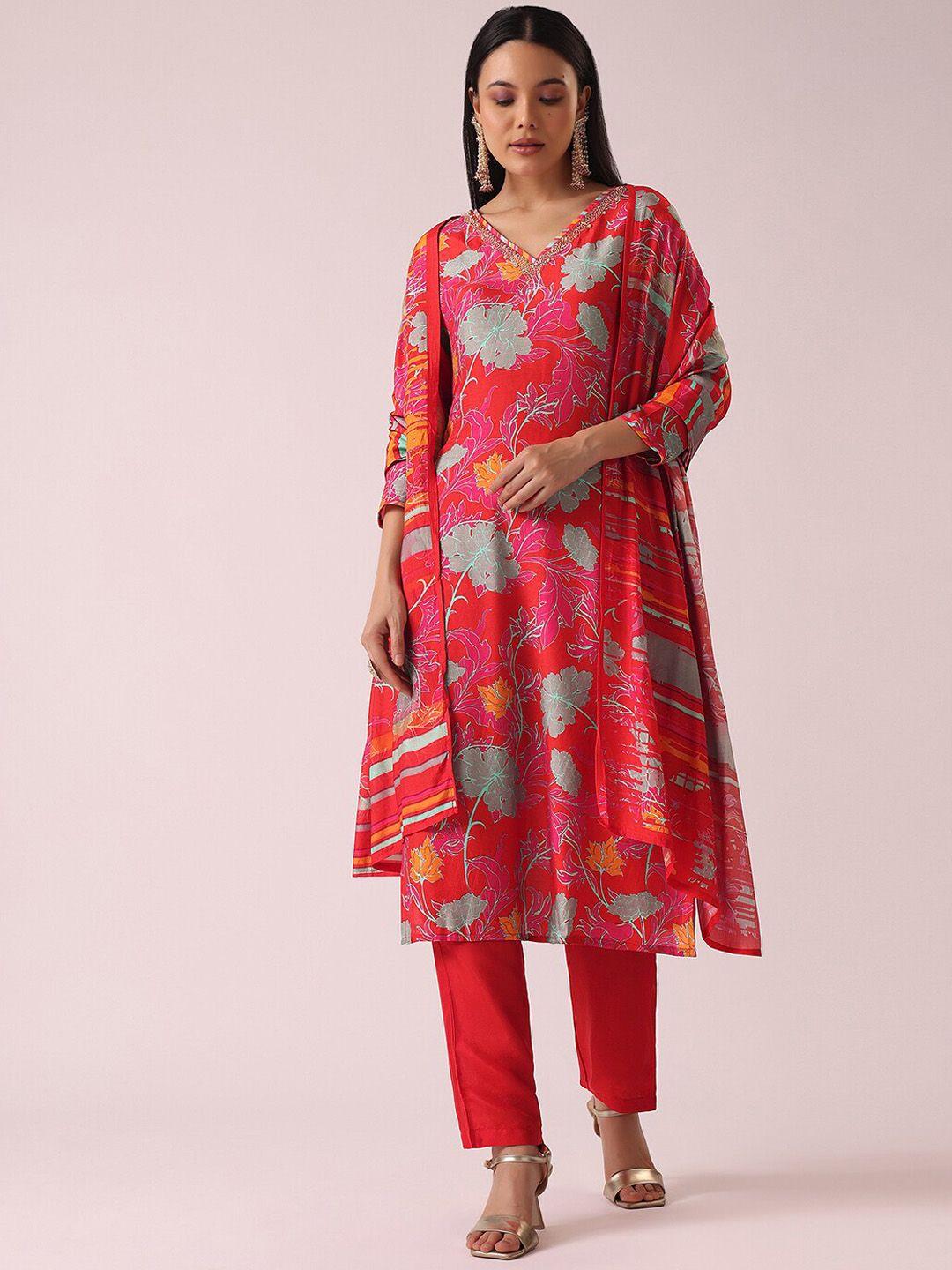 kalki fashion floral printed regular beads and stones kurta with trousers & with dupatta