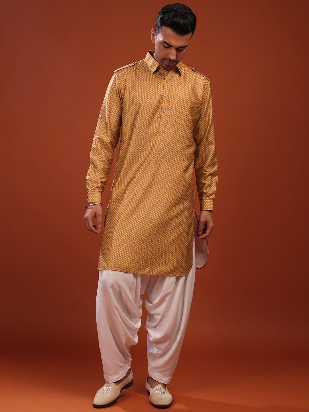 kalki fashion floral printed shirt collar pathani kurta with trouser & nehru jacket