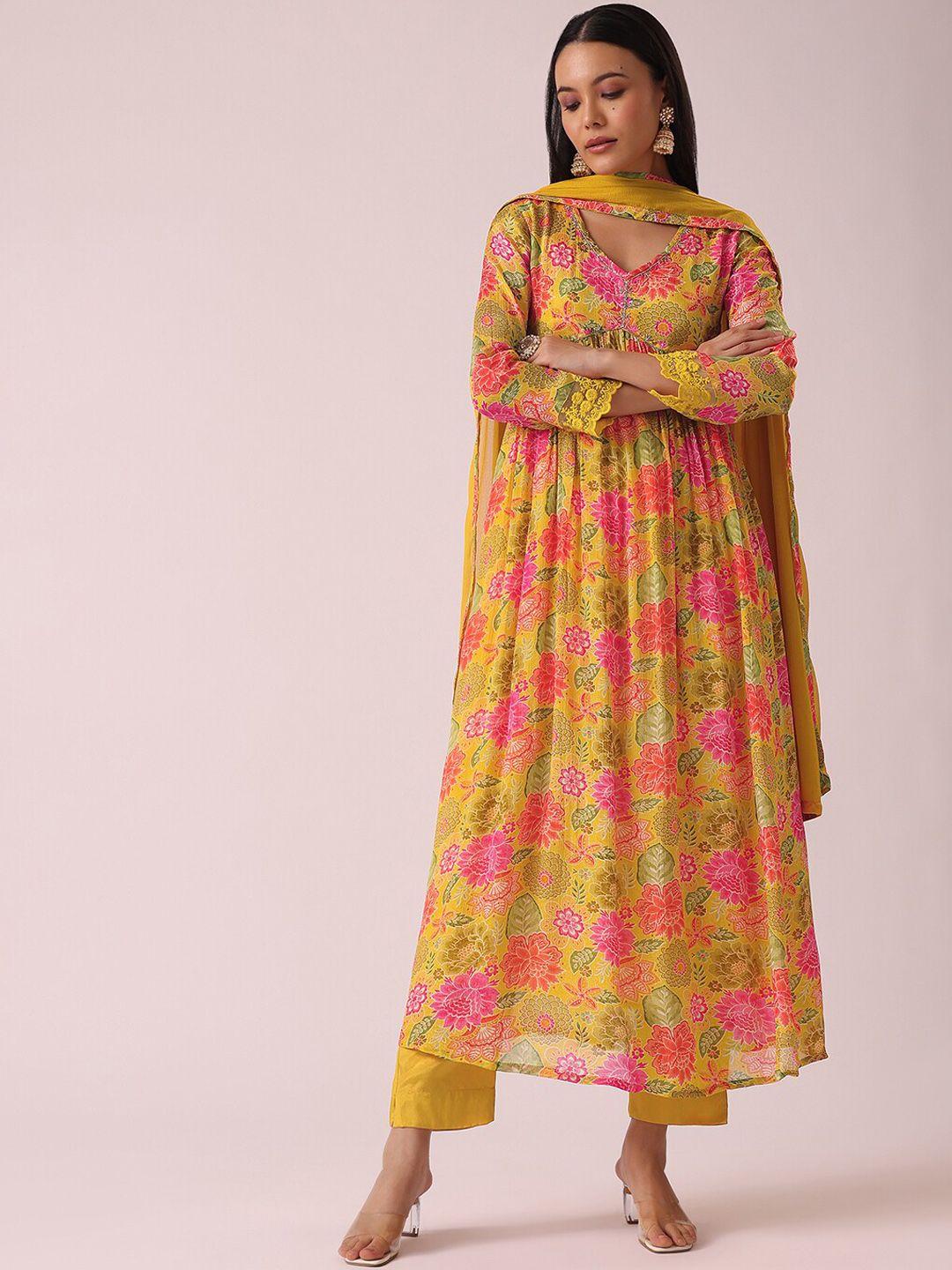 kalki fashion floral printed v-neck anarkali kurta with trousers & dupatta