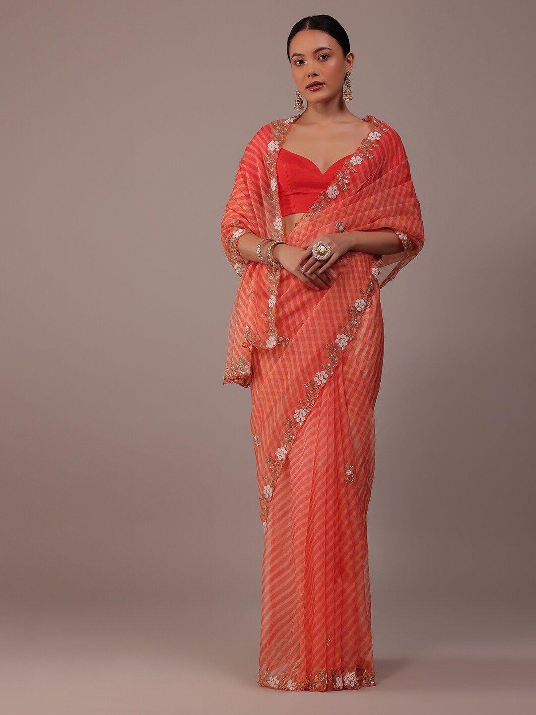 kalki fashion leheriya printed beads & stones detailed organza saree