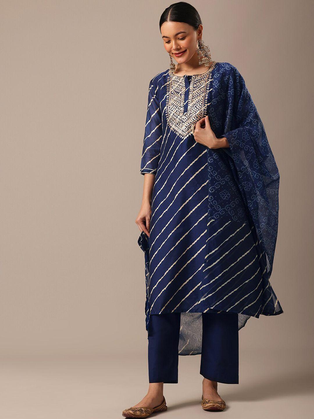 kalki fashion leheriya yoke design sequinned straight kurta with trousers & dupatta