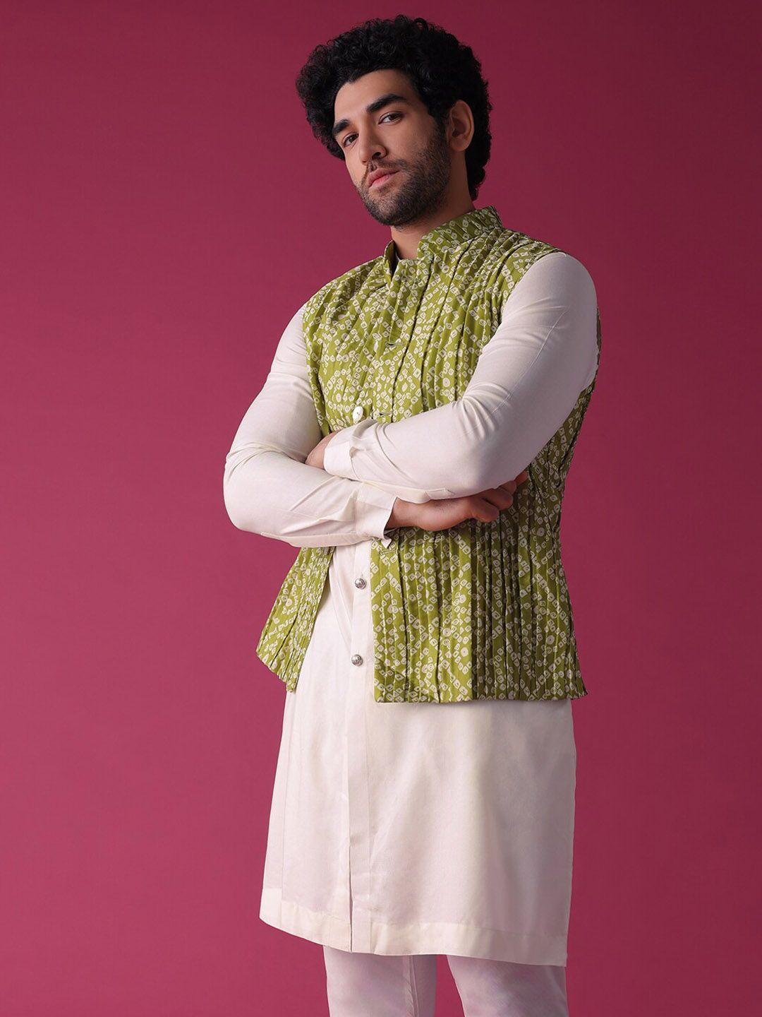 kalki fashion mandarin collar printed regular straight kurta with churidar & nehru jacket