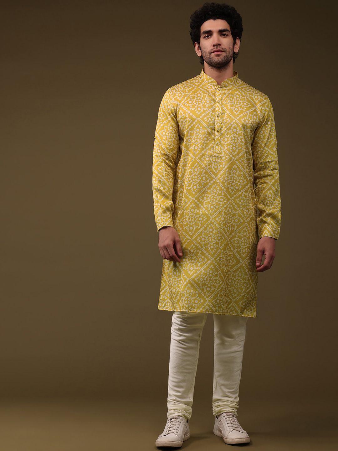 kalki fashion men bandhani printed regular pure silk kurta with churidar