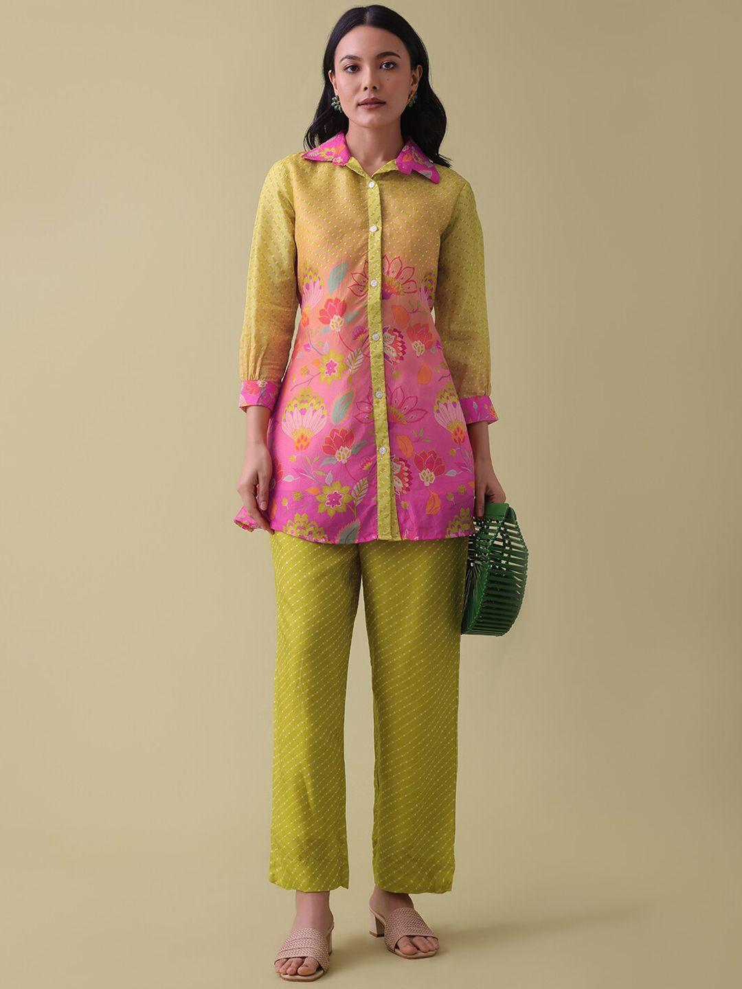 kalki fashion mustard floral printed shirt with trousers