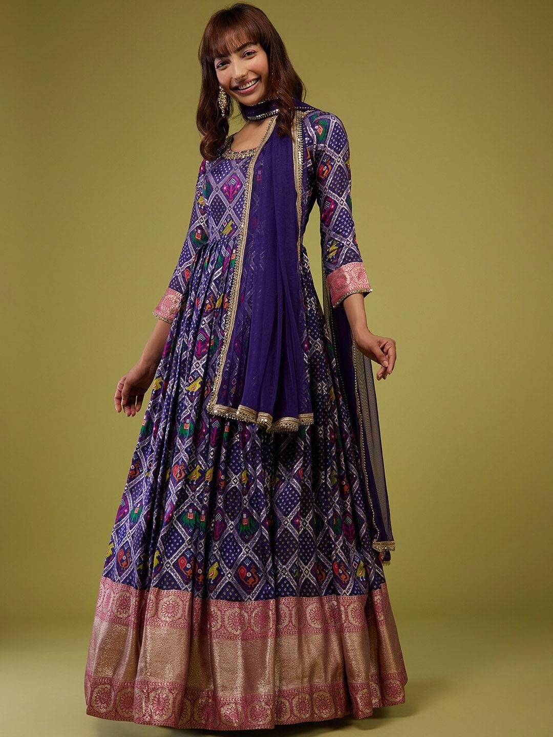 kalki fashion patola printed silk fit & flare ethnic dress with banarasi zari dupatta