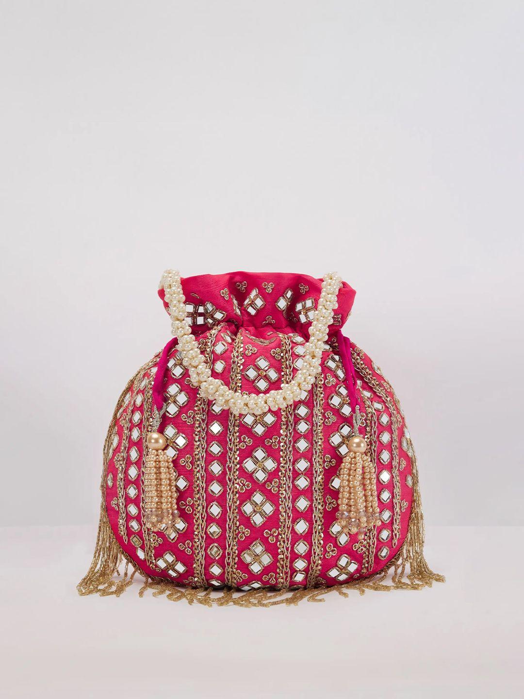 kalki fashion pink & white embroidered potli clutch