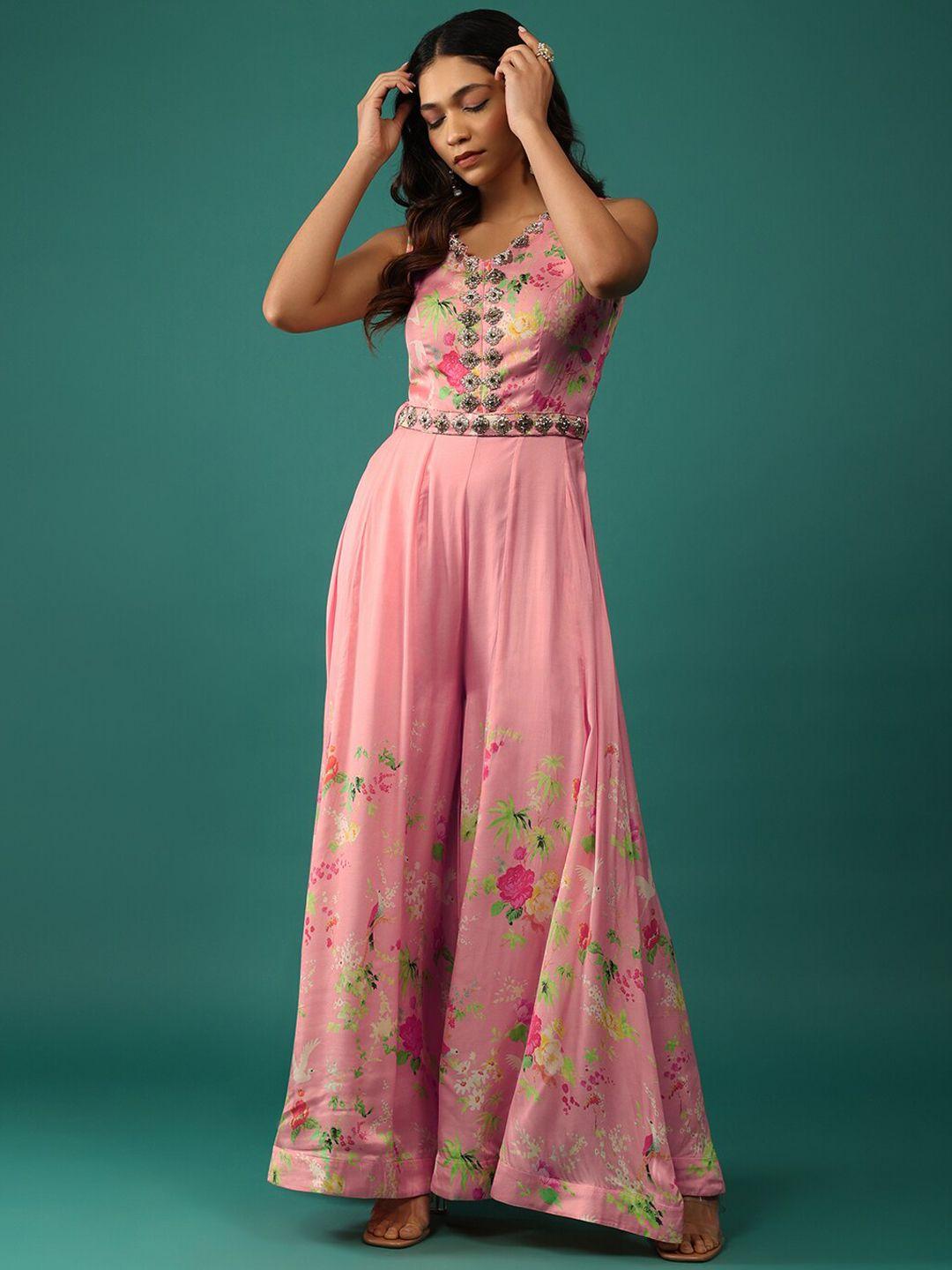 kalki fashion pink printed basic jumpsuit with embroidered