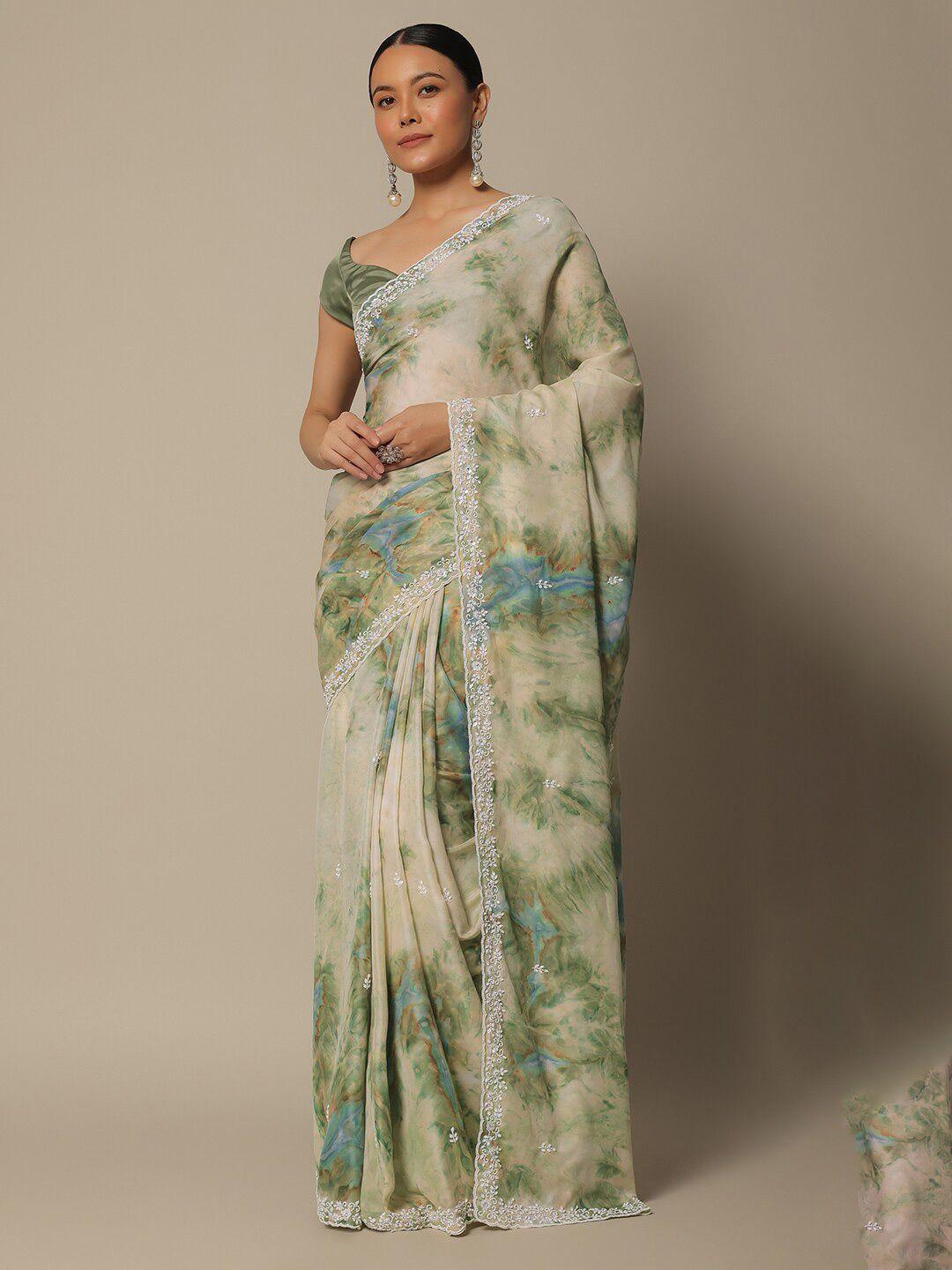 kalki fashion printed embellished beads and stones satin saree