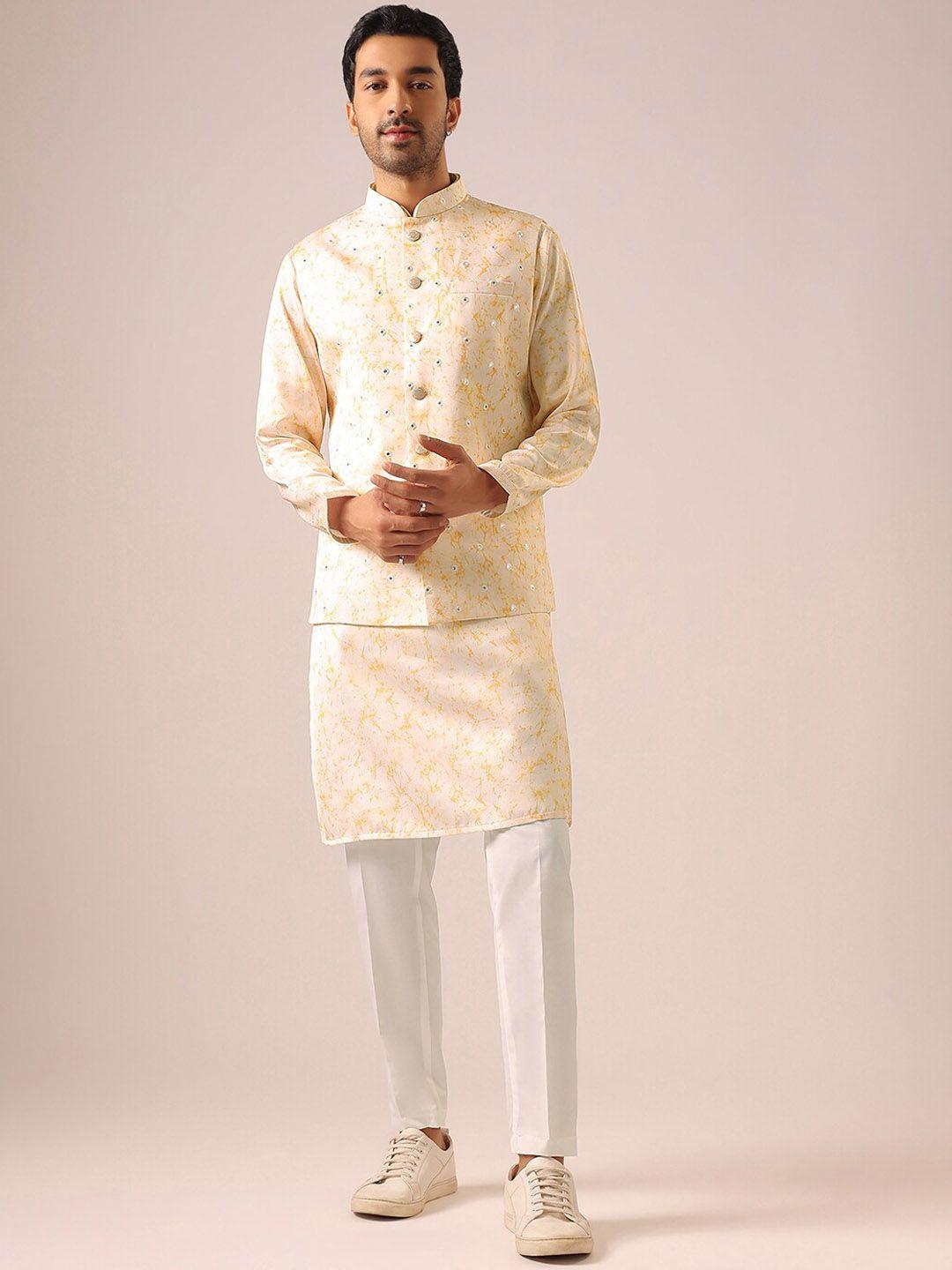 kalki fashion printed mirror work kurta with trousers and nehru jacket