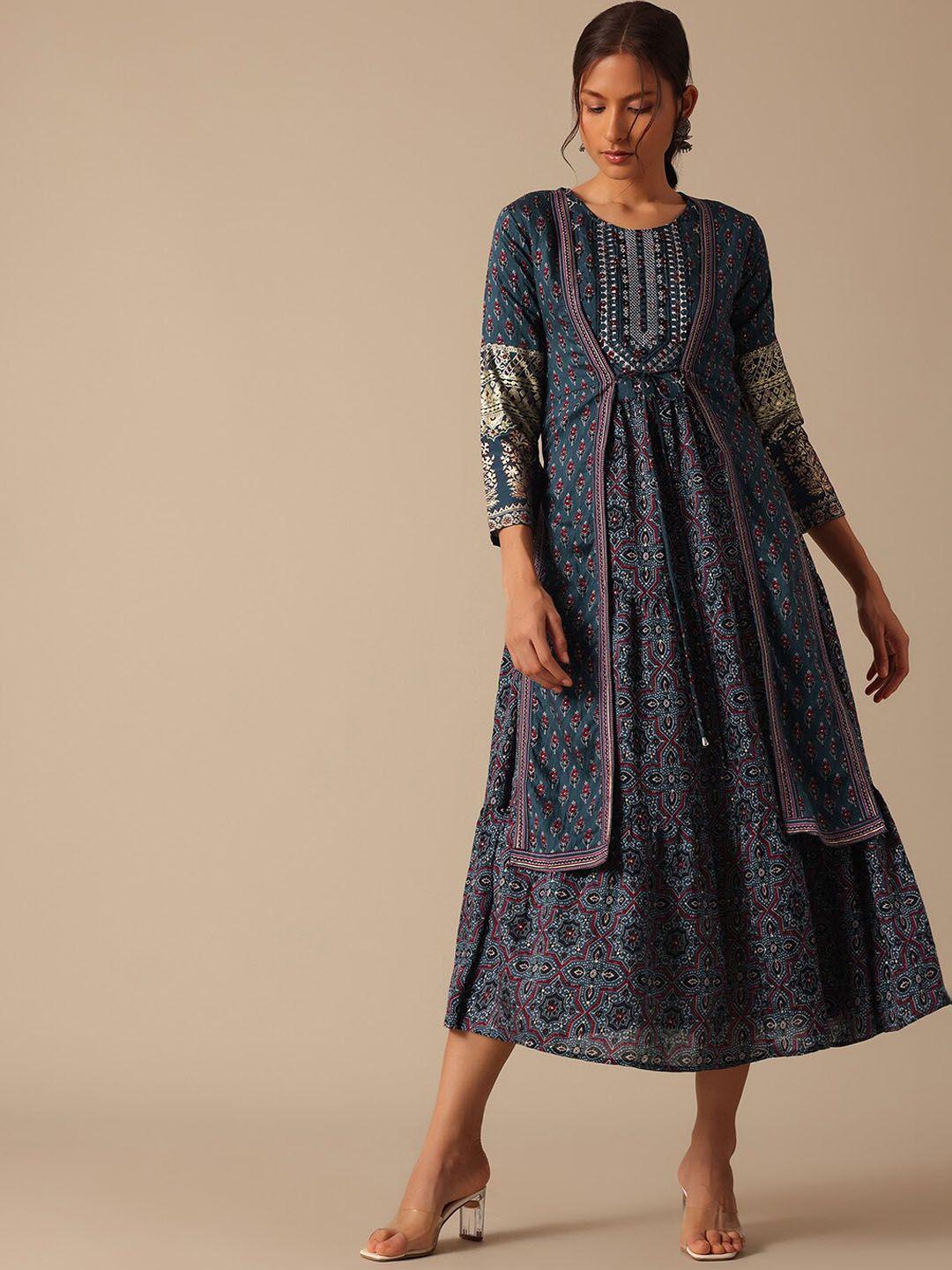 kalki fashion printed round neck gathered chanderi fit & flare ethnic dress with jacket