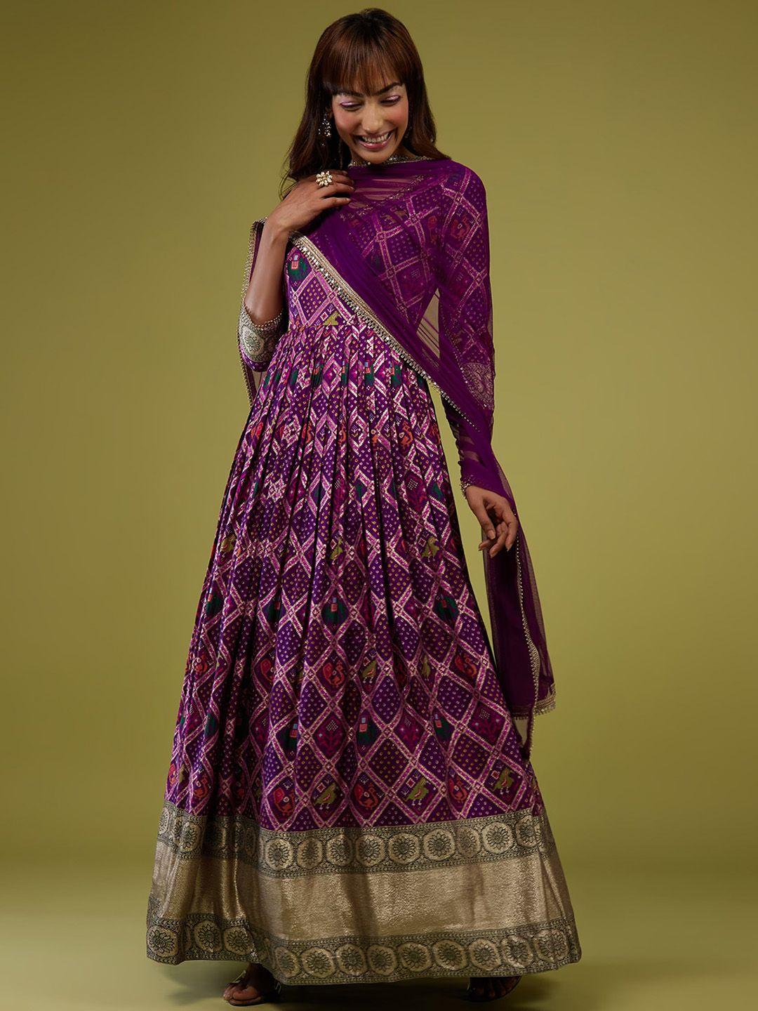 kalki fashion printed silk anarkali gown with banarasi zari border & dupatta