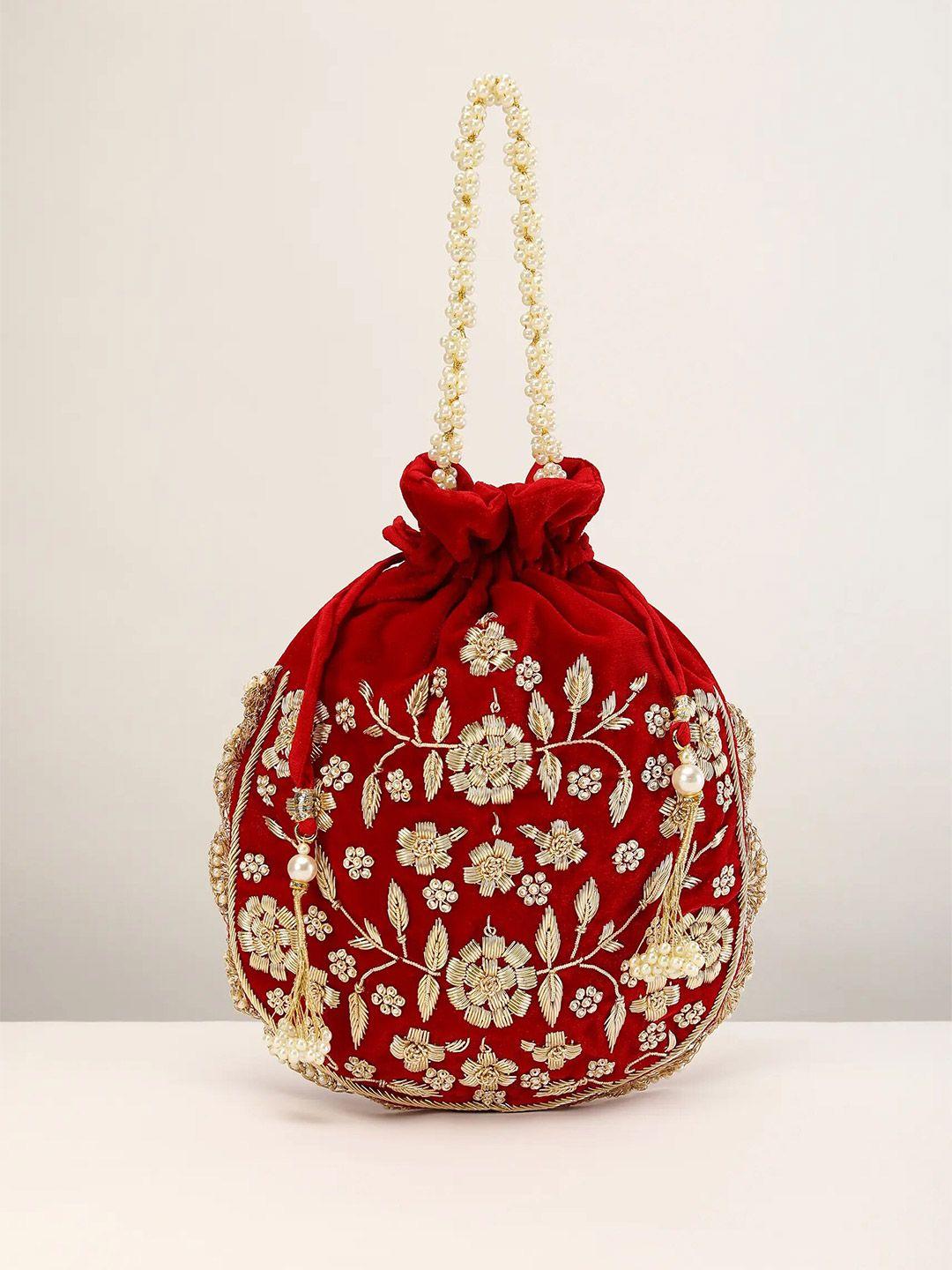 kalki fashion red & white embroidered potli clutch