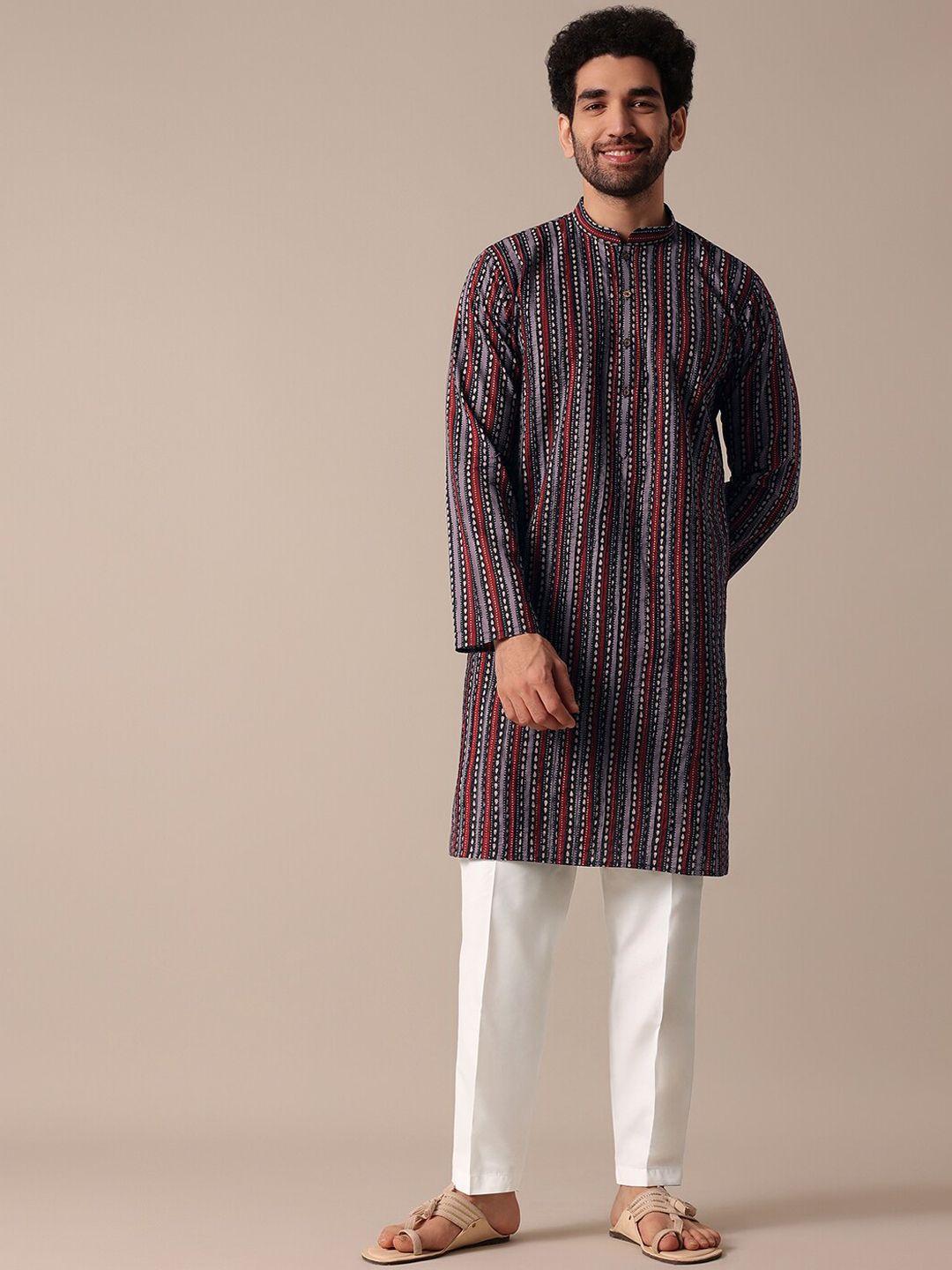 kalki fashion striped mandarin collar long sleeves kurta with pyjamas