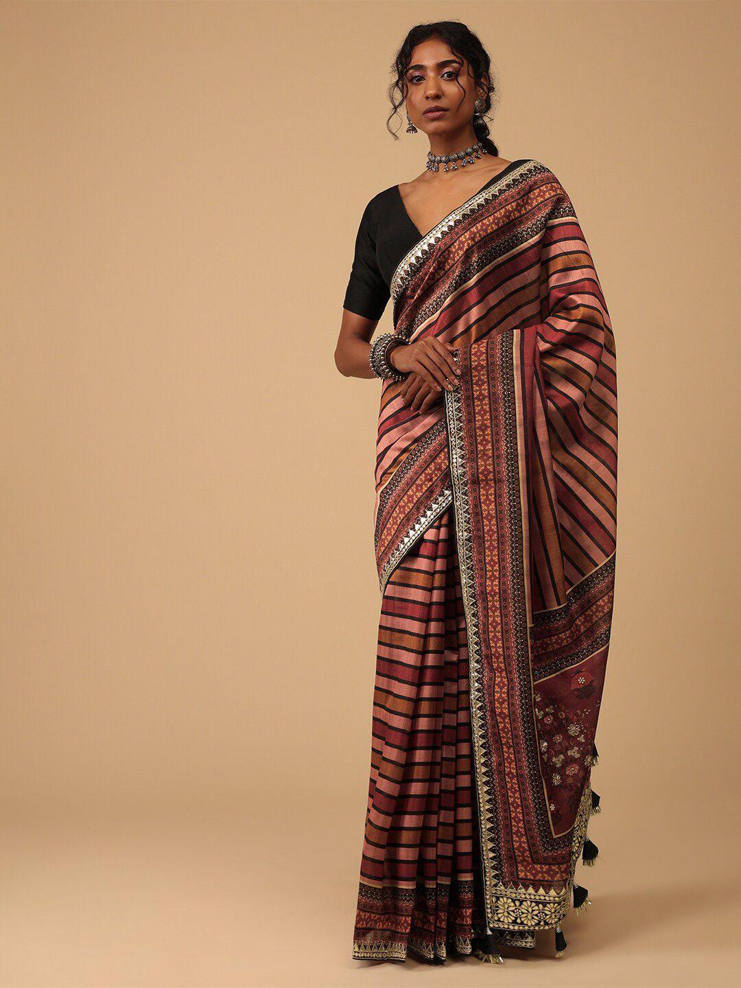 kalki fashion striped mirror work silk cotton saree