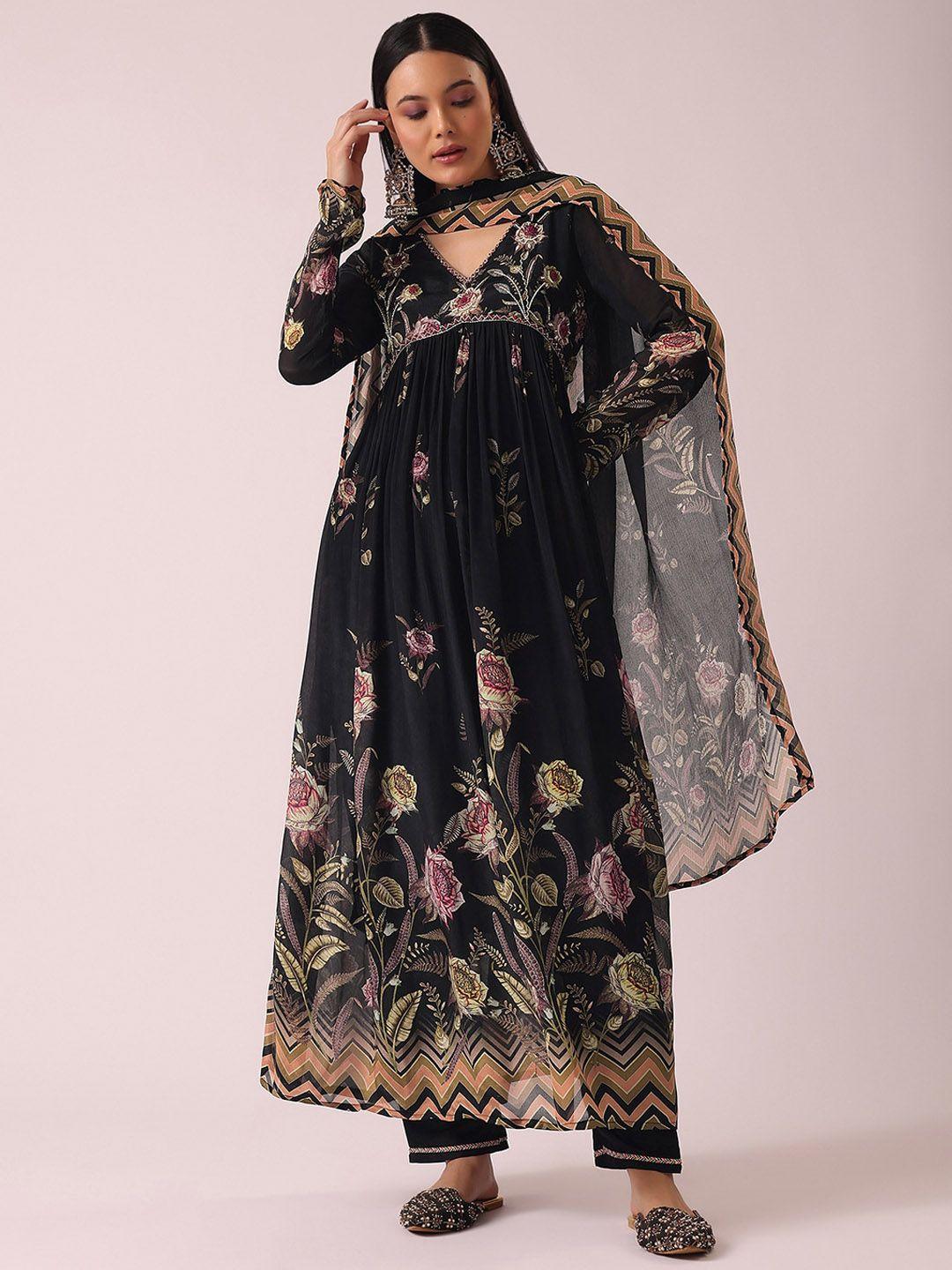 kalki fashion women black printed kurti with trousers & with dupatta