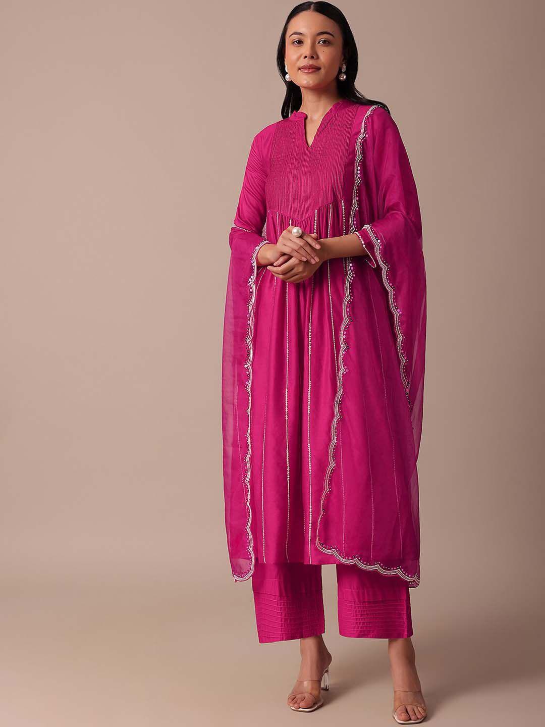 kalki fashion women embroidered pleated thread work kurta with trousers & with dupatta